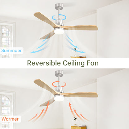 The Ceiling Fan With Dimmable LED Light 6 Speed Remote 3 Wood Blade Reversible DC Motor For Bedroom - Brushed Nickel is shown in summer mode (blue upward airflow) and winter mode (red downward airflow).
