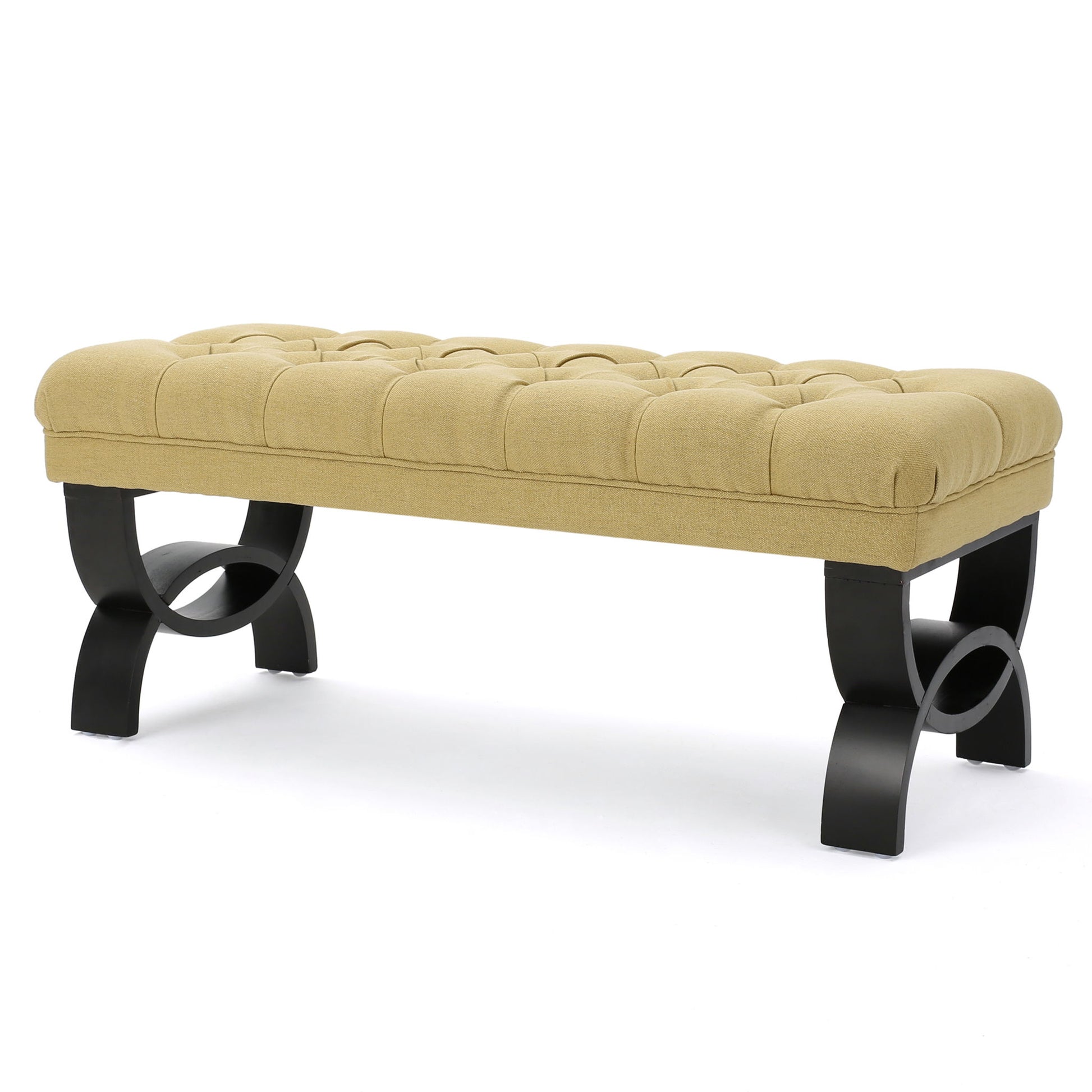 The Hilton - Ottoman Bench Classic Style features a rectangular design with a tufted light tan cushion seat and curved black metal legs, blending modern and classic elements.