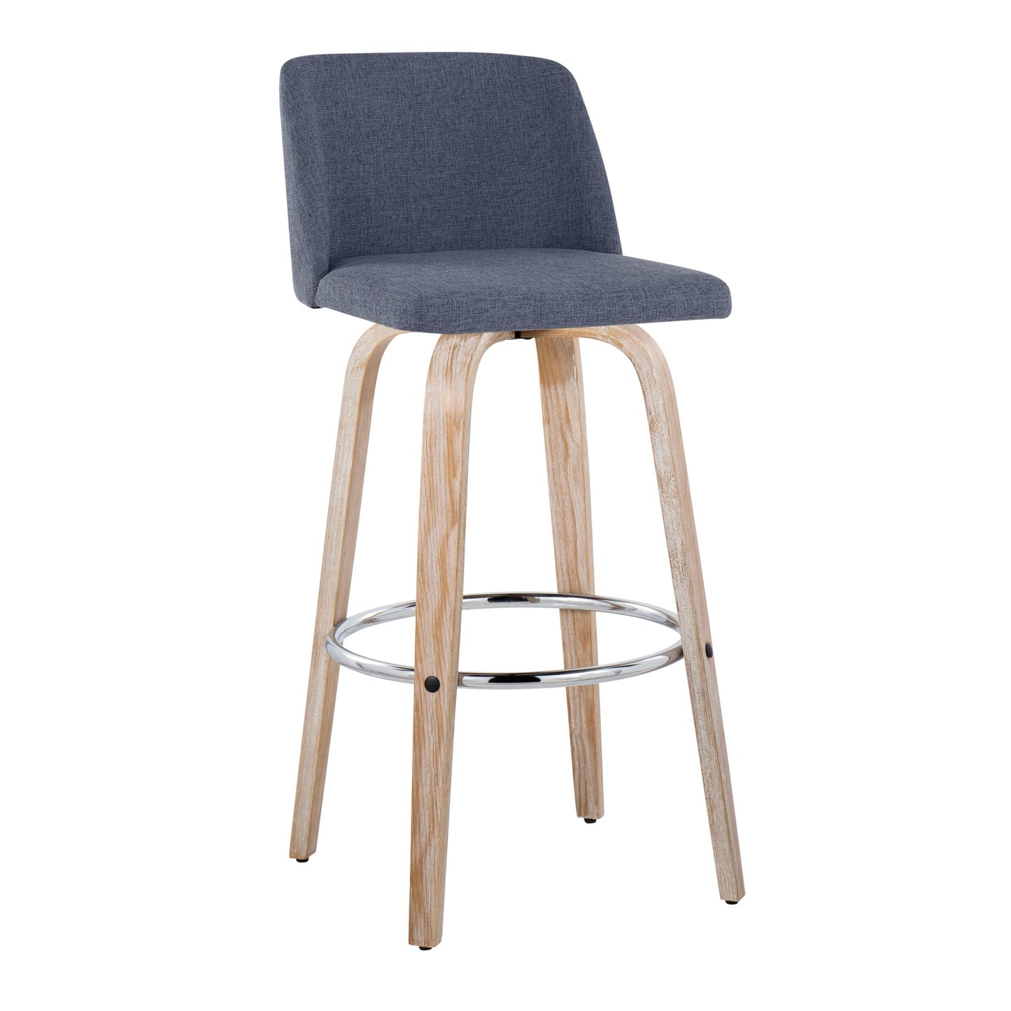 The Toriano Contemporary Fixed Height Barstool (Set of 2) features a gray upholstered seat and backrest, light wood curved legs, swivel function, and a round metal footrest for modern style and comfort.