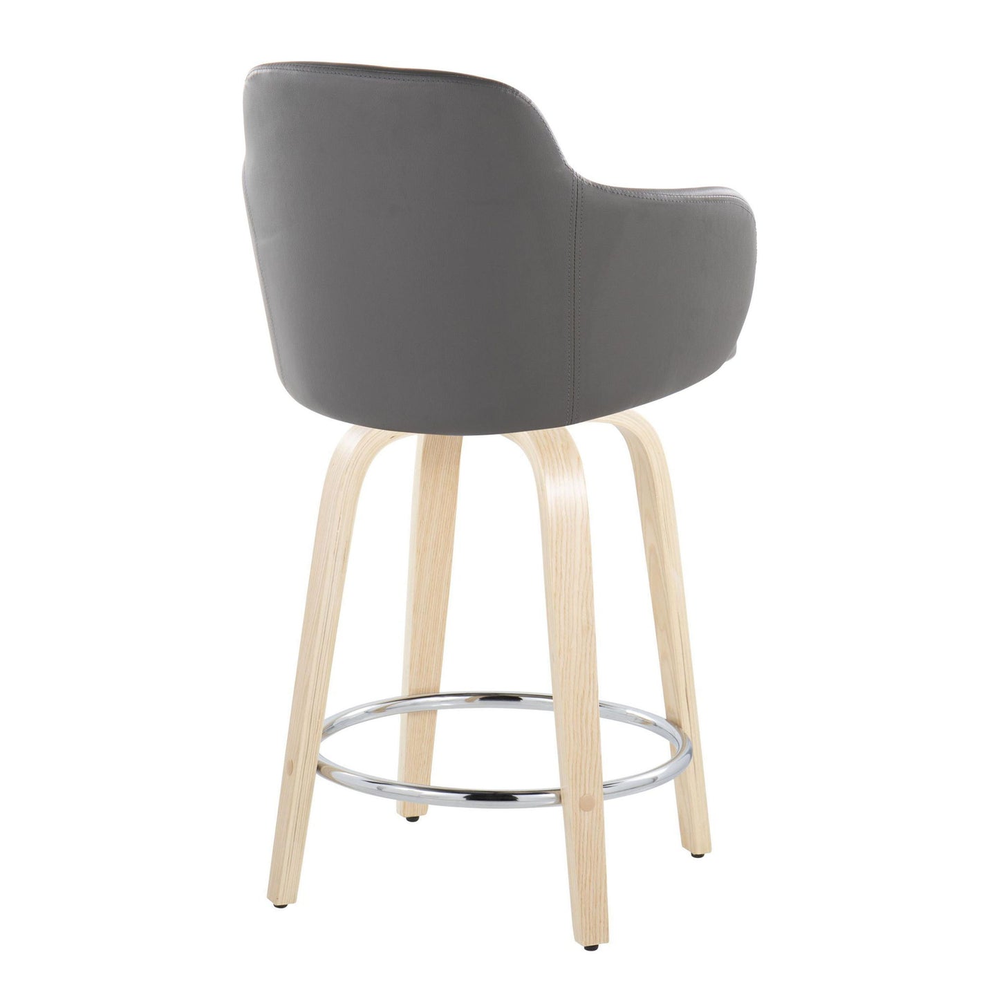 The Boyne Contemporary Fixed Height Counter Stool & Swivel (Set of 2) features a curved gray upholstered backrest, light wood legs, and a round metal footrest. Shown from behind on a white background.