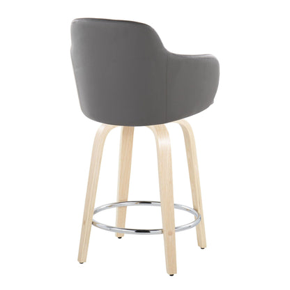 The Boyne Contemporary Fixed Height Counter Stool & Swivel (Set of 2) features a curved gray upholstered backrest, light wood legs, and a round metal footrest. Shown from behind on a white background.