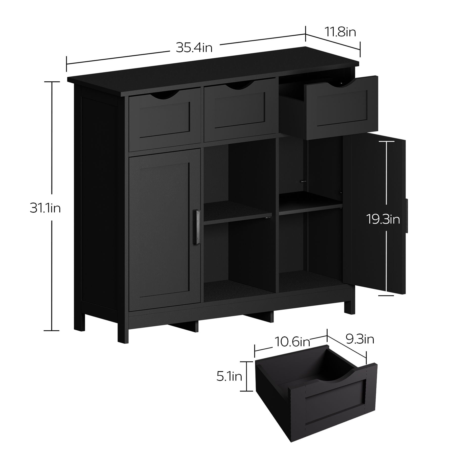The Storage Cabinets wooden floor cabinet features three top drawers, one side door, and six shelves. Measures 35.4"W x 31.1"H x 11.8"D; drawer size: 10.6" x 9.3" x 5.1"; door height: 19.3". Ideal for living room or bedroom decor.