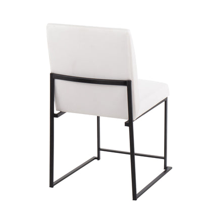 The Fuji - Contemporary Modern Elegance With High Back Dining Chair (Set of 2) features a modern white look with a cushioned seat and backrest, and a black metal sled-leg frame, shown from the back.