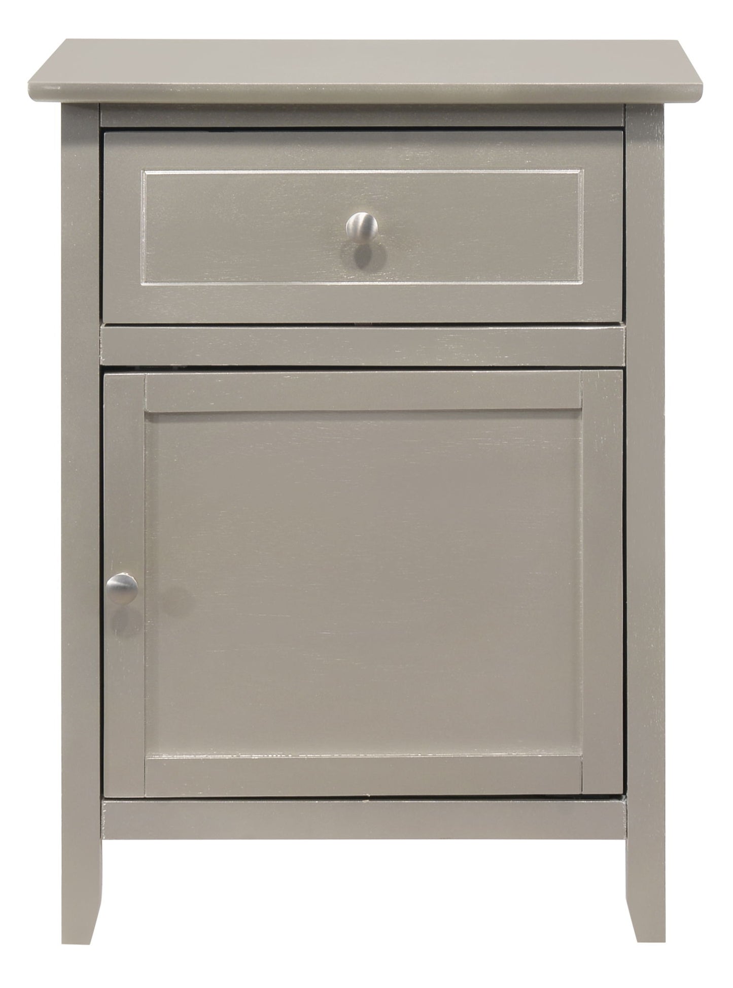 The Izzy Nightstand features a simple, modern design in gray wood with one top drawer and a cabinet door below, both fitted with round metal knobs.