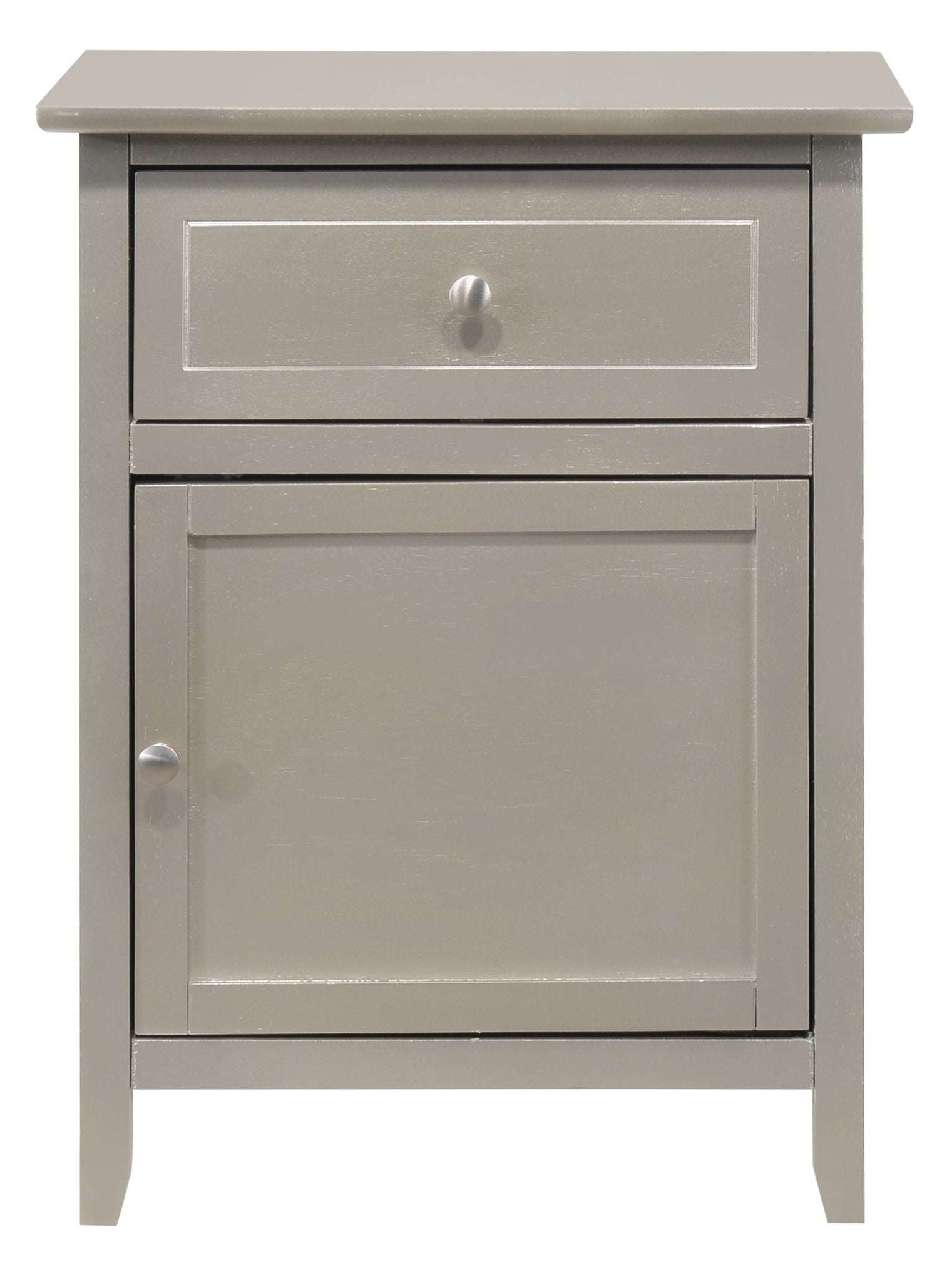 The Izzy Nightstand features a simple, modern design in gray wood with one top drawer and a cabinet door below, both fitted with round metal knobs.