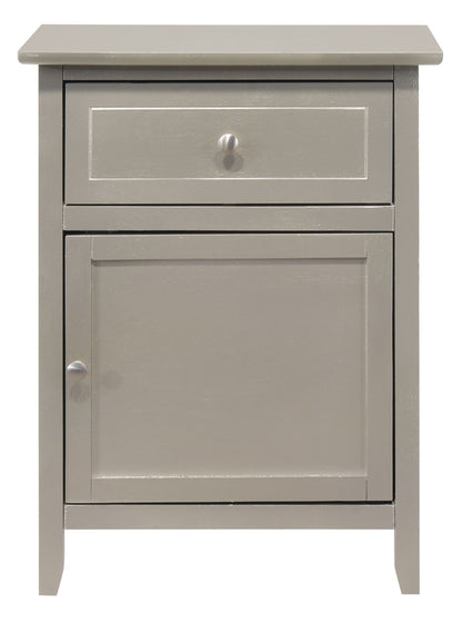 The Izzy Nightstand features a simple, modern design in gray wood with one top drawer and a cabinet door below, both fitted with round metal knobs.