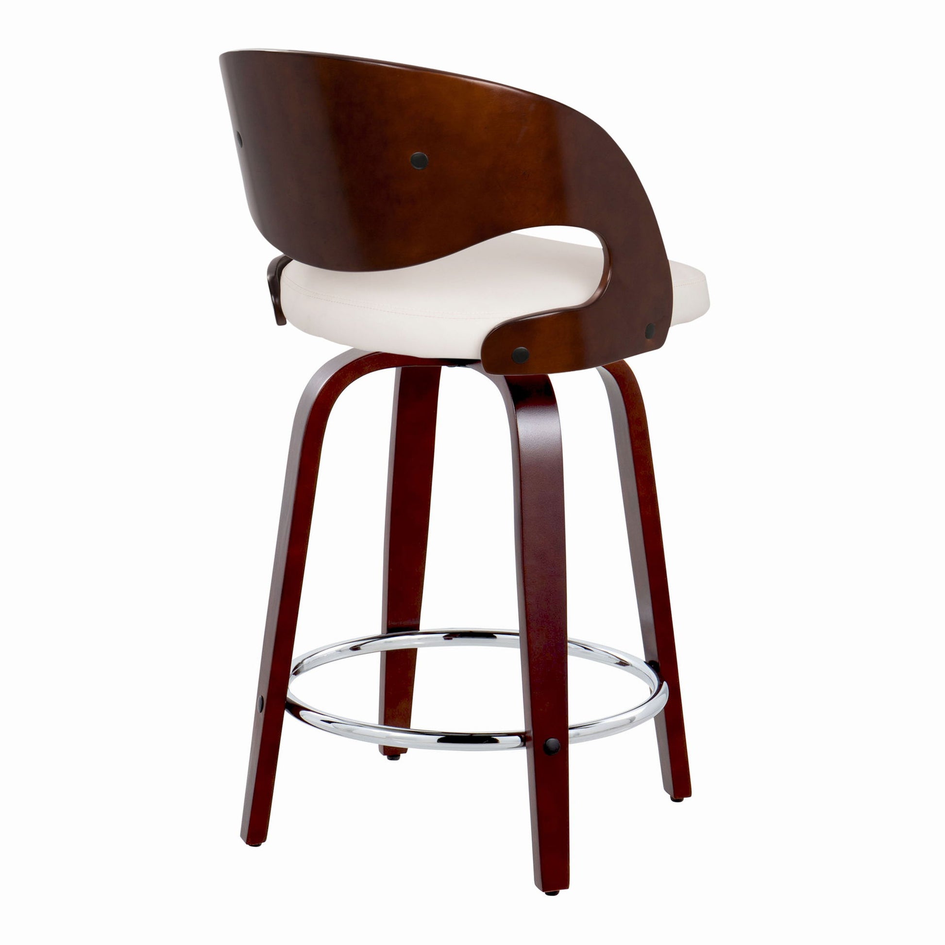 The Pino Mid Century Modern Fixed Height Barstool features a curved dark wooden backrest, white cushioned seat, wooden legs, and a round chrome footrest. Comes as a set of 2 and is shown against a white background.