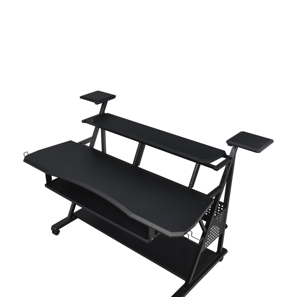 The Willow - Versatile Music Desk features a spacious curved workspace, elevated monitor shelf, lower storage shelf, and two compact side platforms, all shown against a plain white background.