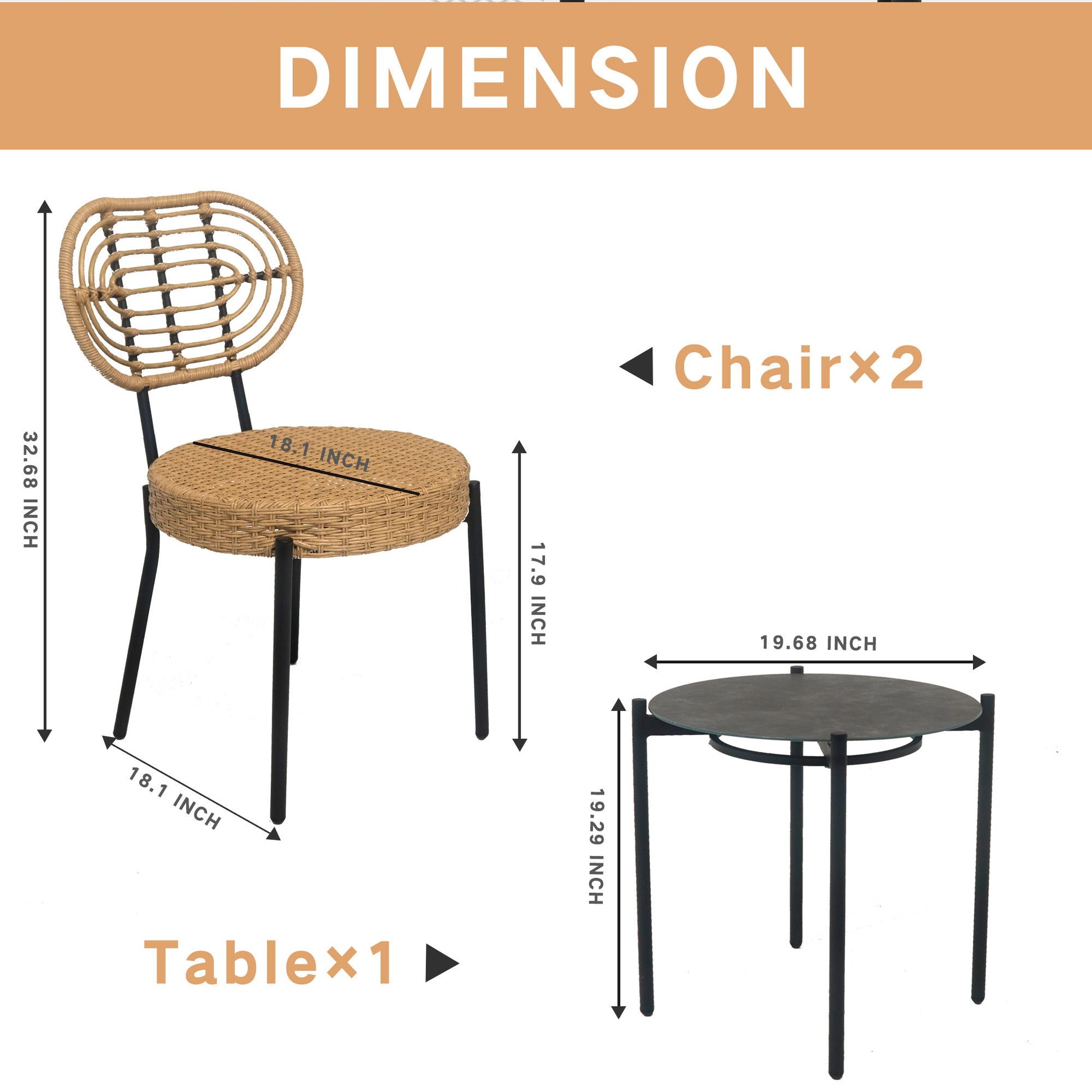 Dimension diagram of the 3-piece Luxury Outdoor Wicker Furniture set: two chairs (32.68"H x 18.1"W, rounded backs) and one round table (19.68" diameter x 19.29"H, black metal legs), PE wicker, weather resistant, black/natural.