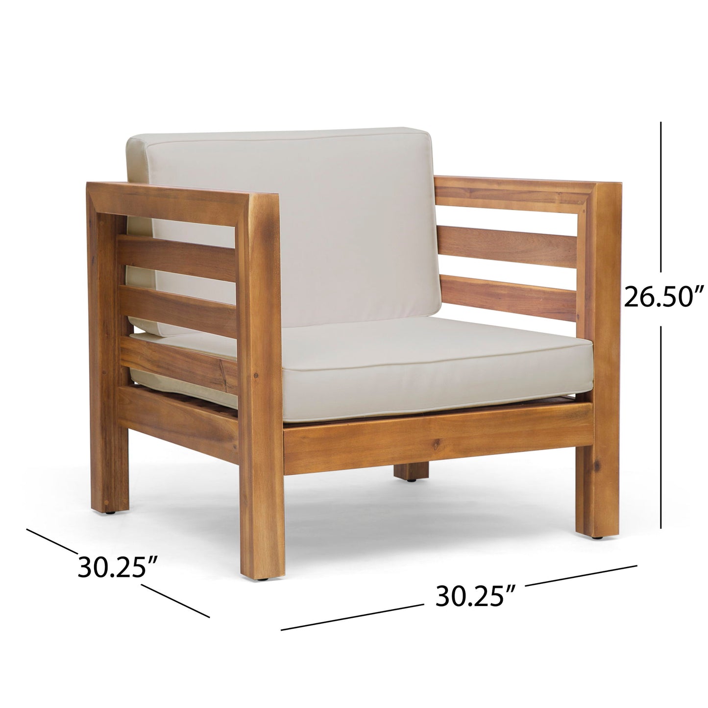 The Outdoor Acacia Wood Patio Chair With Fabric Cushion features light beige cushions and slatted sides and back. Dimensions: 30.25"W x 30.25"D x 26.5"H.