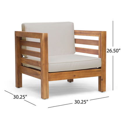 The Outdoor Acacia Wood Patio Chair With Fabric Cushion features light beige cushions and slatted sides and back. Dimensions: 30.25"W x 30.25"D x 26.5"H.