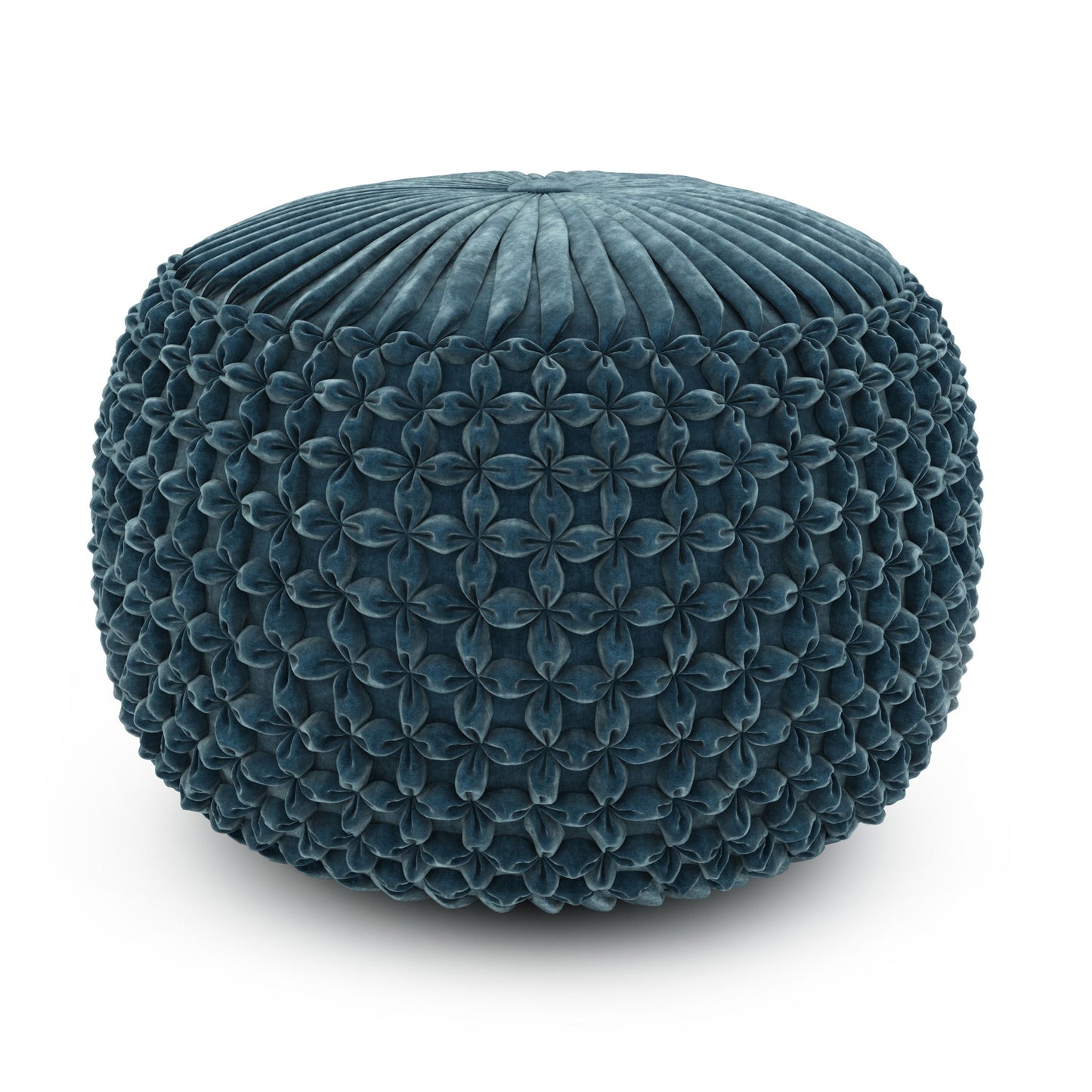 The Renee - Handcrafted Round Pouf is a round, teal ottoman featuring textured, petal-like sides and a pleated top, shown against a white background.