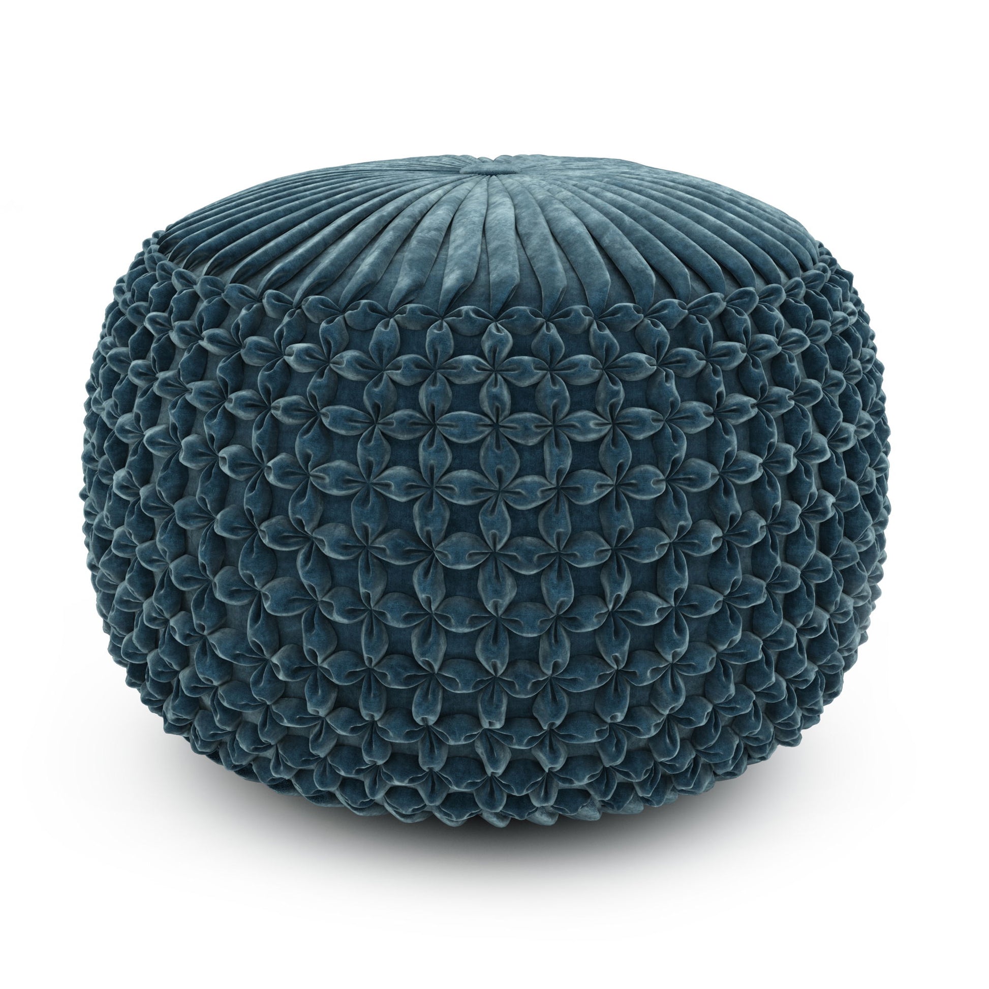 The Renee - Handcrafted Round Pouf is a round, teal ottoman featuring textured, petal-like sides and a pleated top, shown against a white background.