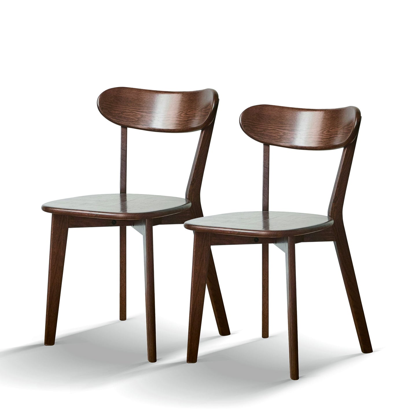 Two Simple Dining Chairs, solid and modern, with curved backs and seats in a dark brown finish, are placed side by side on a white background.