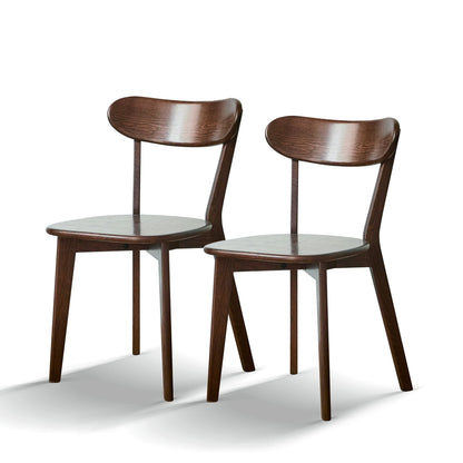Two Simple Dining Chairs, solid and modern, with curved backs and seats in a dark brown finish, are placed side by side on a white background.