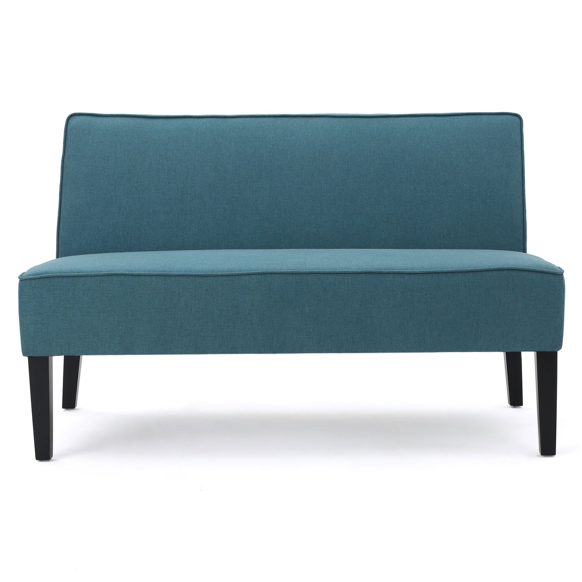 A Contemporary Loveseat With Upholstered Fabric and birch wood legs, featuring a modern, armless teal design, is displayed against a plain white background.