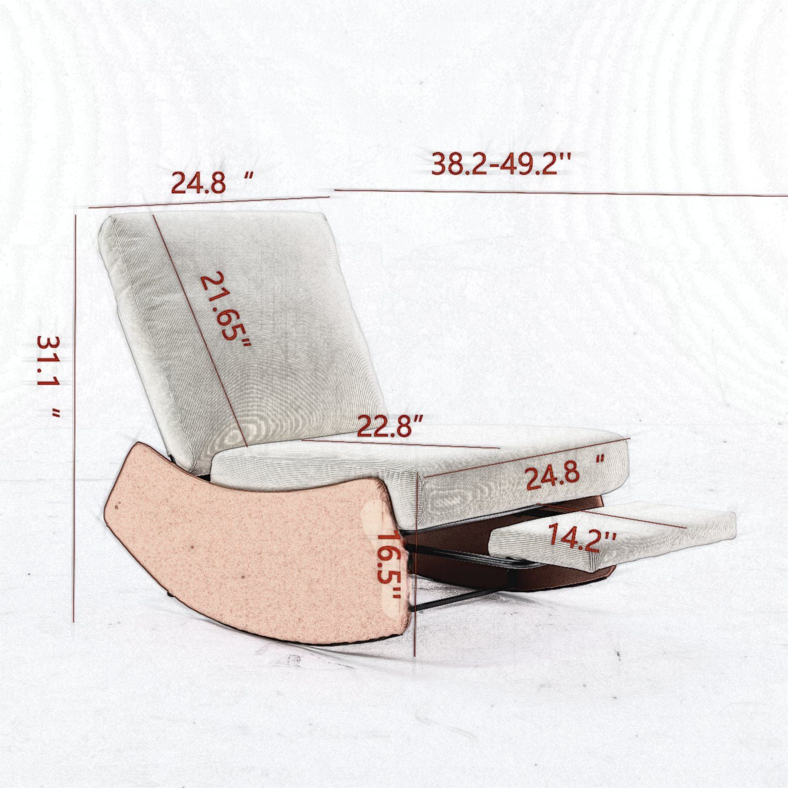 The Modern Rocking Chair Recliner is a comfy upholstered lounge chair with beige cushions, a wooden rocking base, and labeled dimensions in inches for height, seat width, backrest, footrest, and depth—perfect for relaxing indoors.