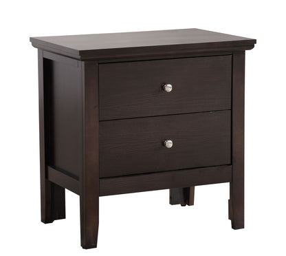 The Primo - Nightstand is a dark brown wooden piece with two drawers, each with a round silver knob. Featuring straight legs and clean lines, it offers a simple, modern design.