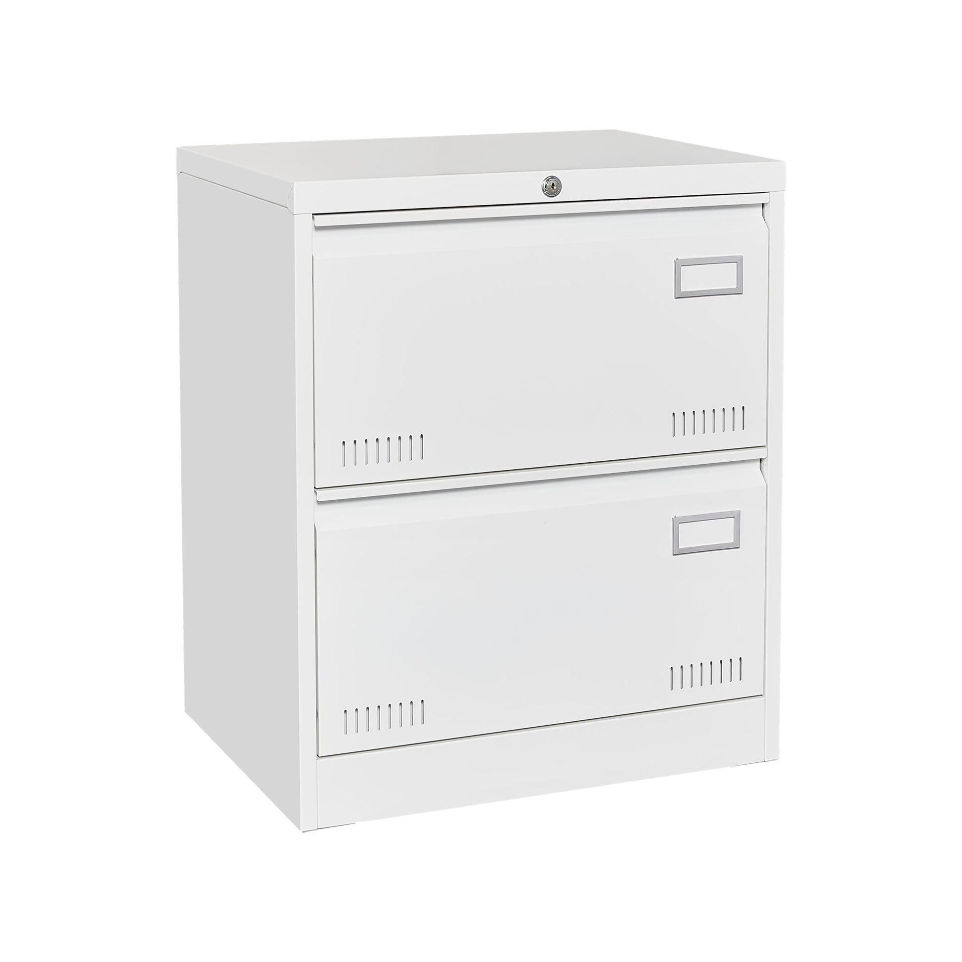 A white Filing Cabinet Lateral File Cabinet with 3 locking metal drawers, label holders, and ventilation slots is shown against a plain white background. Features secure lock at the top, ideal for home office organization.