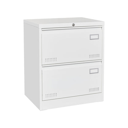 A white Filing Cabinet Lateral File Cabinet with 3 locking metal drawers, label holders, and ventilation slots is shown against a plain white background. Features secure lock at the top, ideal for home office organization.