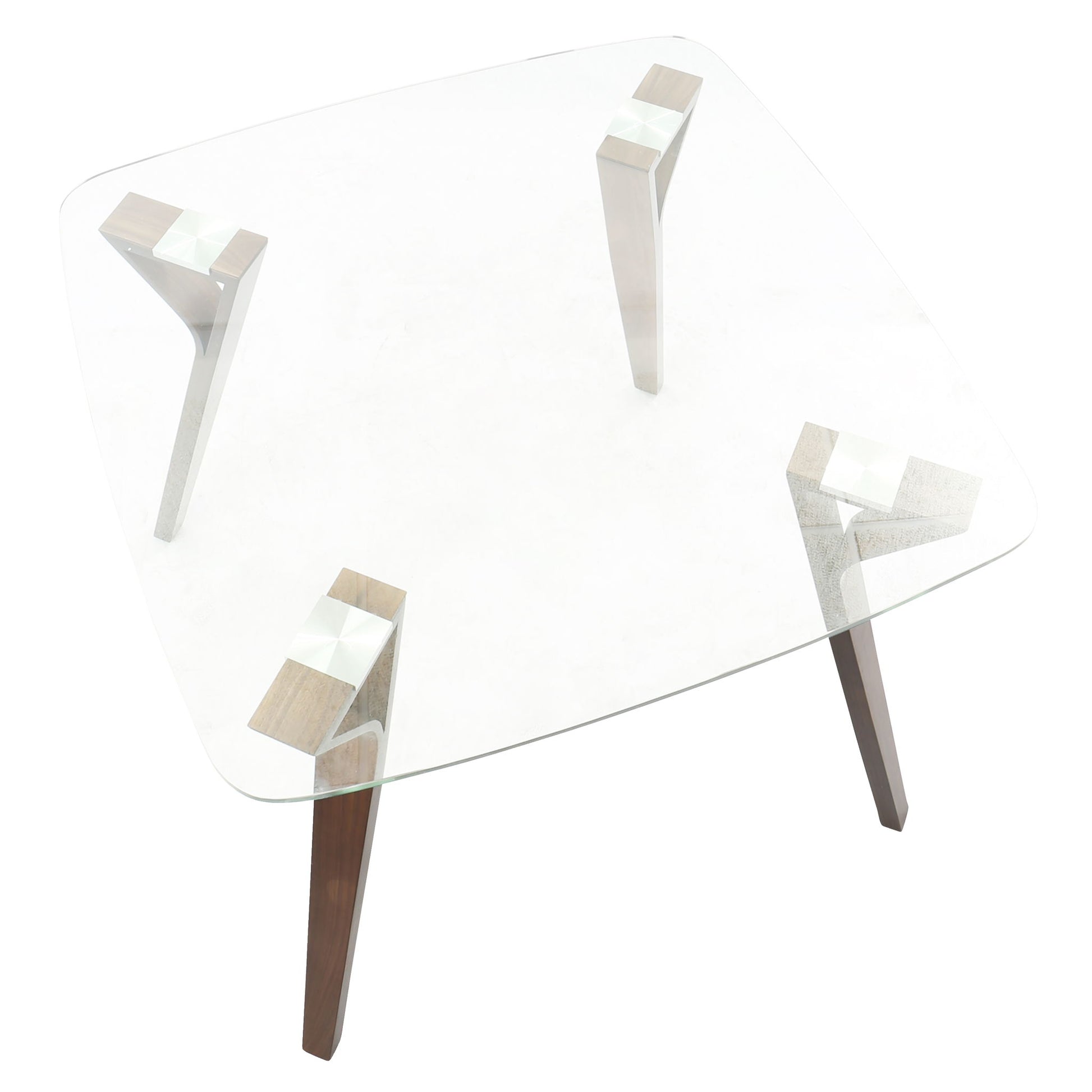 The Folia - Mid Century Modern Dinette Table features a clear square glass top and four angled wooden legs positioned at each corner. Photographed from above on a white background.