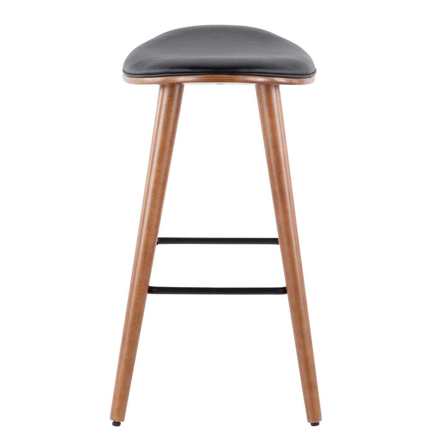 The Saddle - Contemporary Counter Stool (Set of 2) features a curved black cushioned seat, wooden legs, and a black metal footrest, shown from the front against a white background.