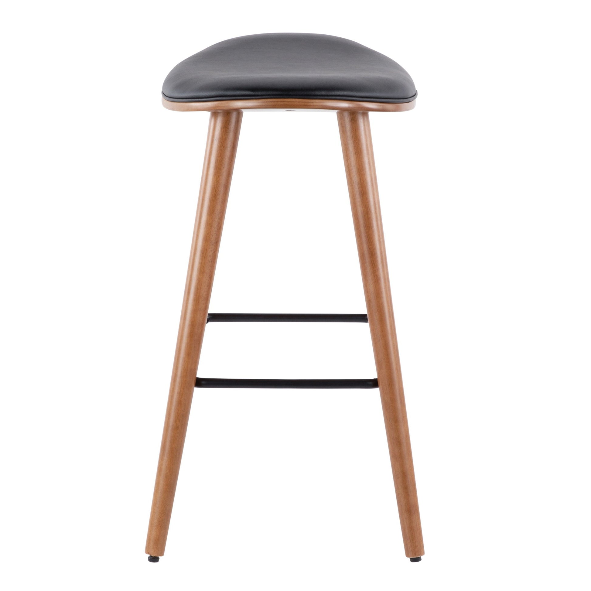 The Saddle - Contemporary Counter Stool (Set of 2) features a curved black cushioned seat, wooden legs, and a black metal footrest, shown from the front against a white background.