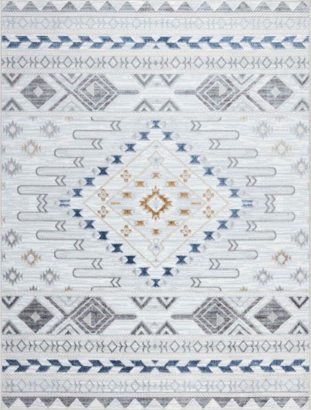 The Legacy - GC_CAM8001 Area Rug features a geometric pattern in blue, gray, and beige on white, with a large central diamond and rows of smaller diamonds, arrows, and zigzags.