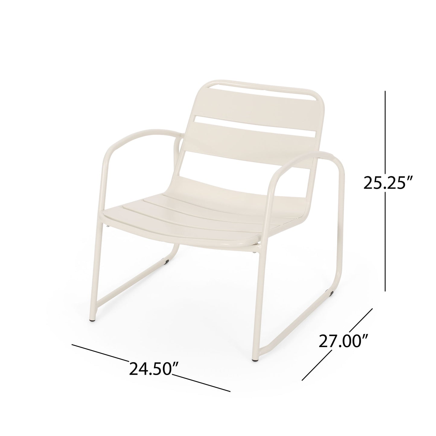 The Conrad - Chair Outdoor Seating is a modern white metal chair with armrests, a slatted back, and sled-style legs. It measures 25.25" tall, 27" deep, and 24.5" wide, featuring a minimalist design perfect for outdoor spaces.