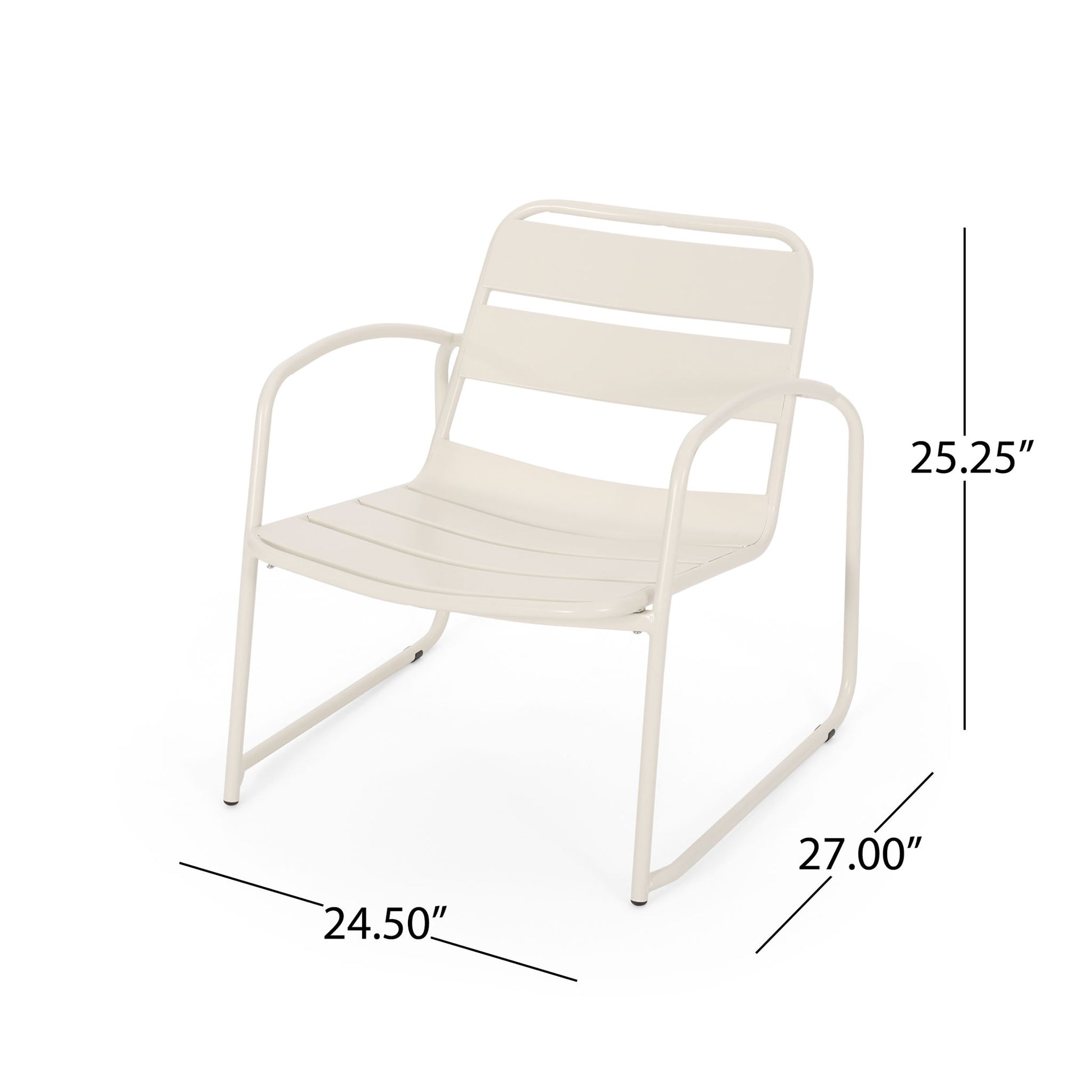 The Conrad - Chair Outdoor Seating is a modern white metal chair with armrests, a slatted back, and sled-style legs. It measures 25.25" tall, 27" deep, and 24.5" wide, featuring a minimalist design perfect for outdoor spaces.