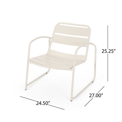 The Conrad - Chair Outdoor Seating is a modern white metal chair with armrests, a slatted back, and sled-style legs. It measures 25.25" tall, 27" deep, and 24.5" wide, featuring a minimalist design perfect for outdoor spaces.