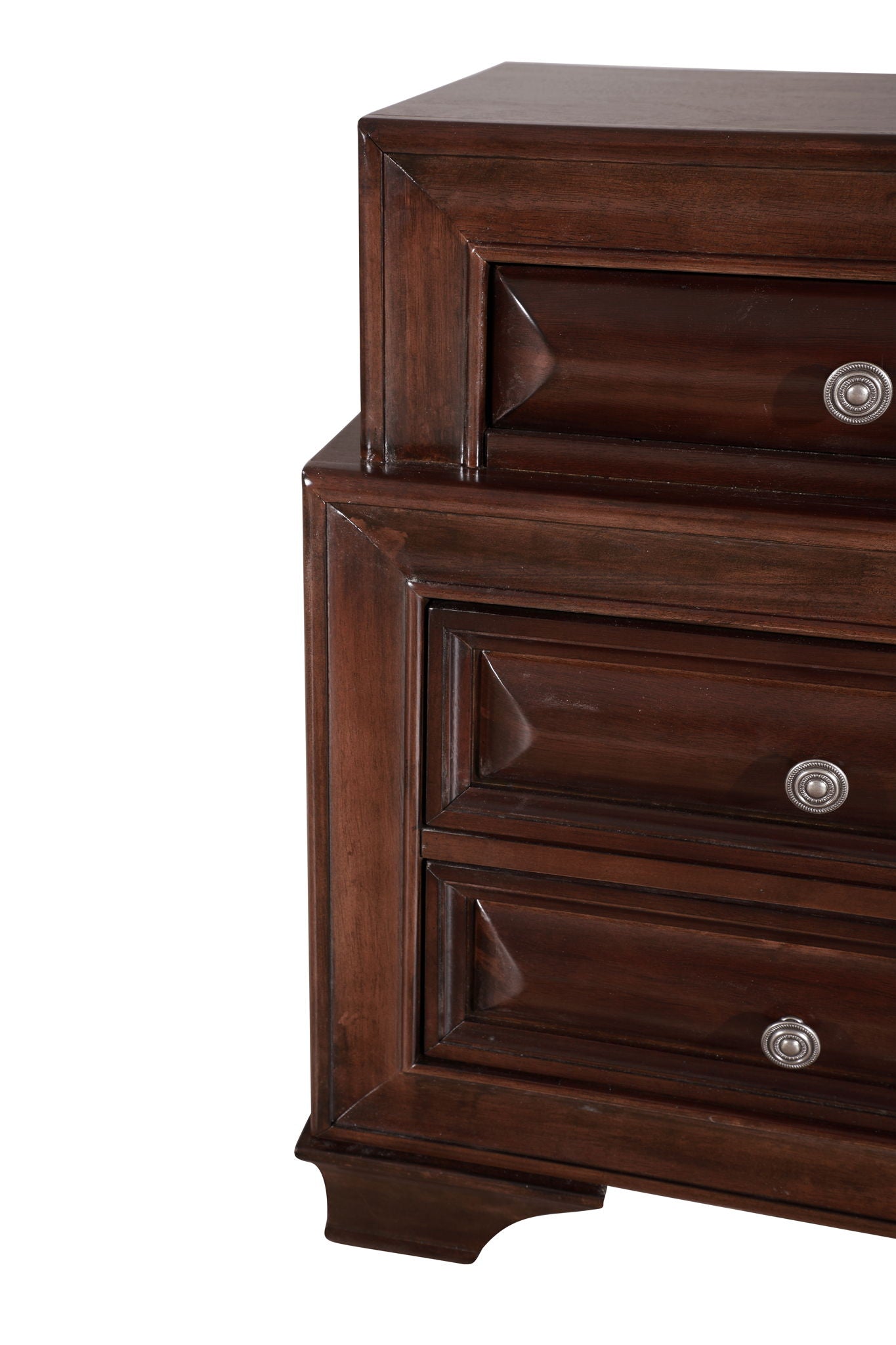 A close-up of the LaVita Nightstand, showcasing its dark wood finish, two drawers with round metallic knobs, decorative framed edges, and short legs. The piece is set against a white background.