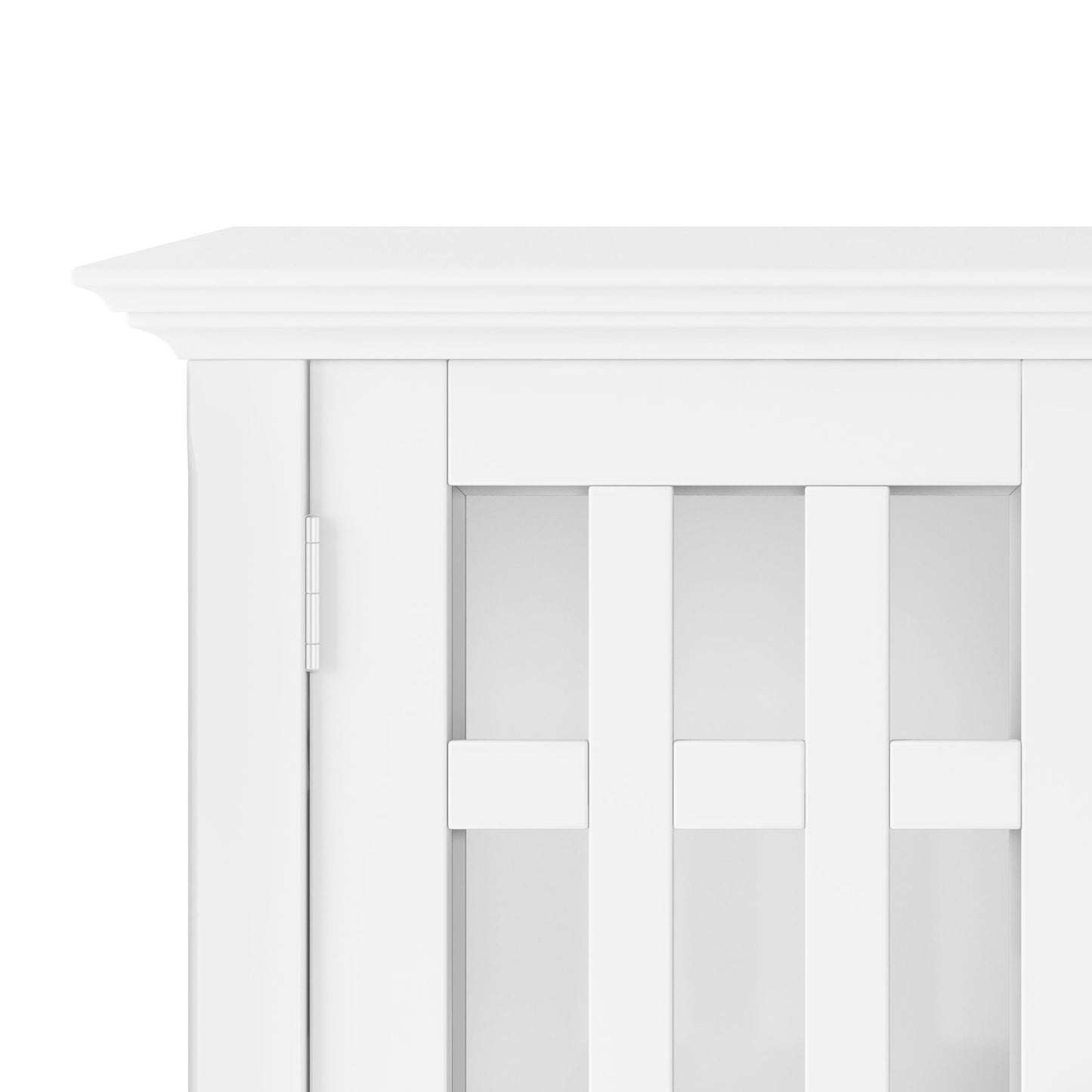 Close-up of the top left corner of the Bedford - Storage Media Cabinet, featuring vertical slats, a decorative top edge, and a partially visible door with a hinge on the left side.