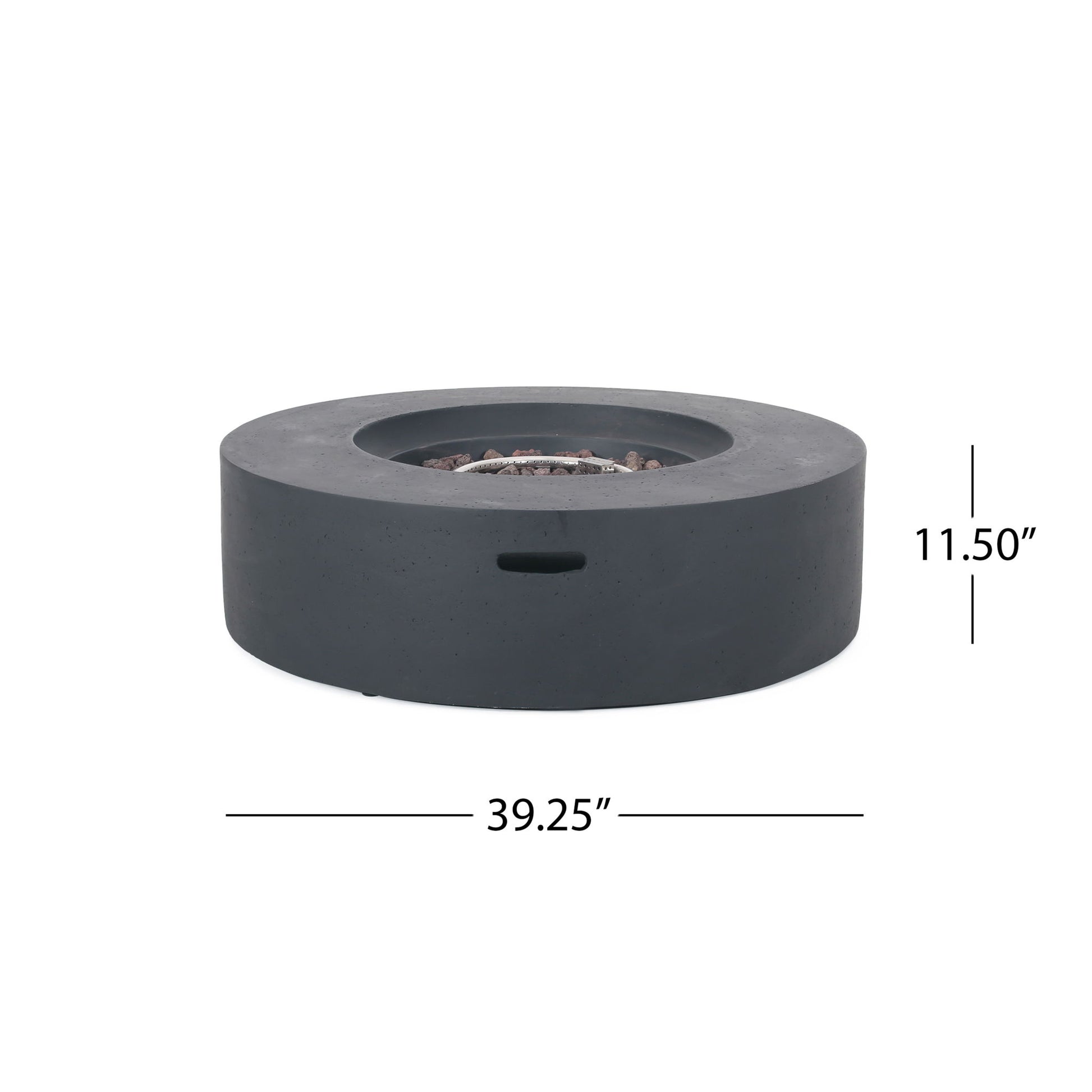 Modern Lightweight Concrete Outdoor Circular Fire Pit, 50,000 Btu, features a recessed center, round black design with side handle opening; measures 39.25" diameter x 11.5" height.