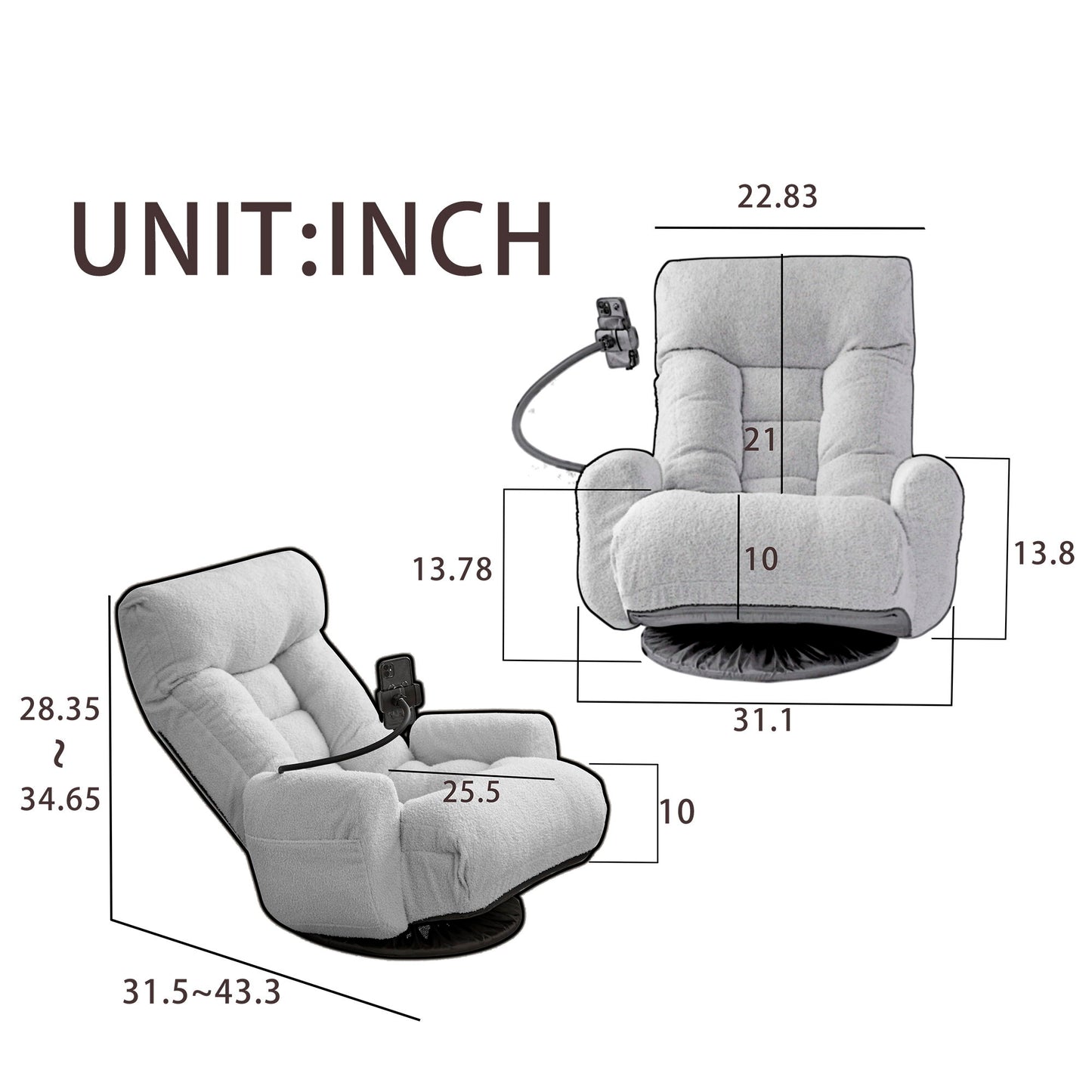 Two views of the Adjustable Swivel Lounge Chair with 360° rotating seat and headrest support, shown in light gray with measurements in inches: width 31.1, max height 34.65, depth 31.1, armrest height 13.8, plus a cup holder on one armrest.