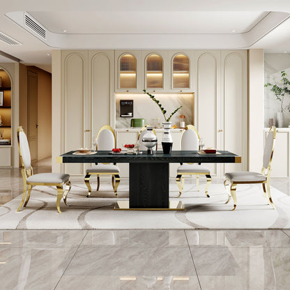 Elegant dining room featuring the Top Dining Table With Finish Corner, paired with six white and gold chairs and a cream built-in cabinet with arched glass doors. The table is set with decorative items and tableware.