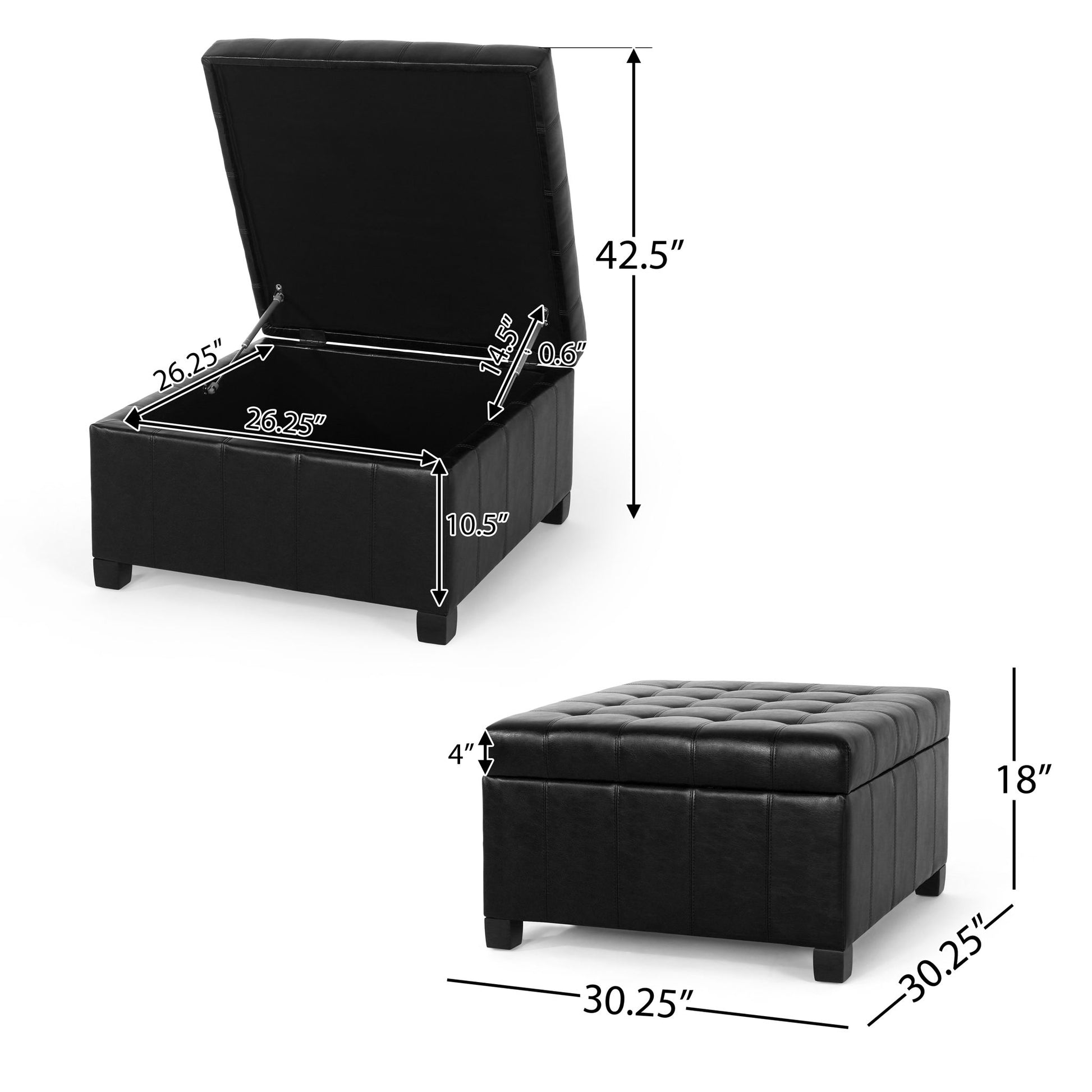 Storage Ottoman For Living Room shown open and closed, featuring tufted black upholstery. Dimensions: 30.25”W x 30.25”D x 18”H; interior storage: 26.25”W x 26.25”D x 10.5”H.