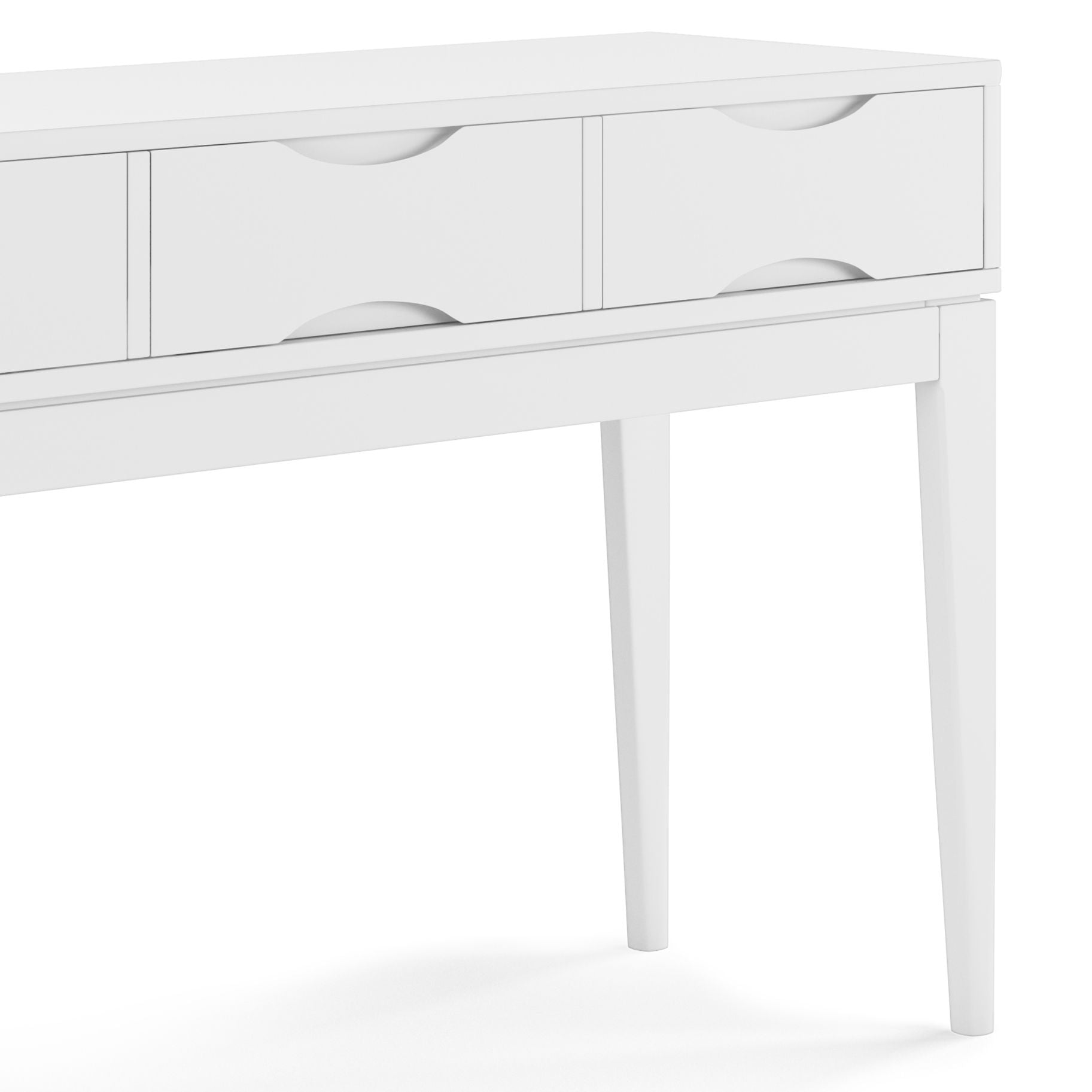 The Harper Handcrafted Console Sofa Table features a white wooden finish, four drawers with curved handles, angled legs, and a modern minimalist design. The image displays a partial side view of the table.