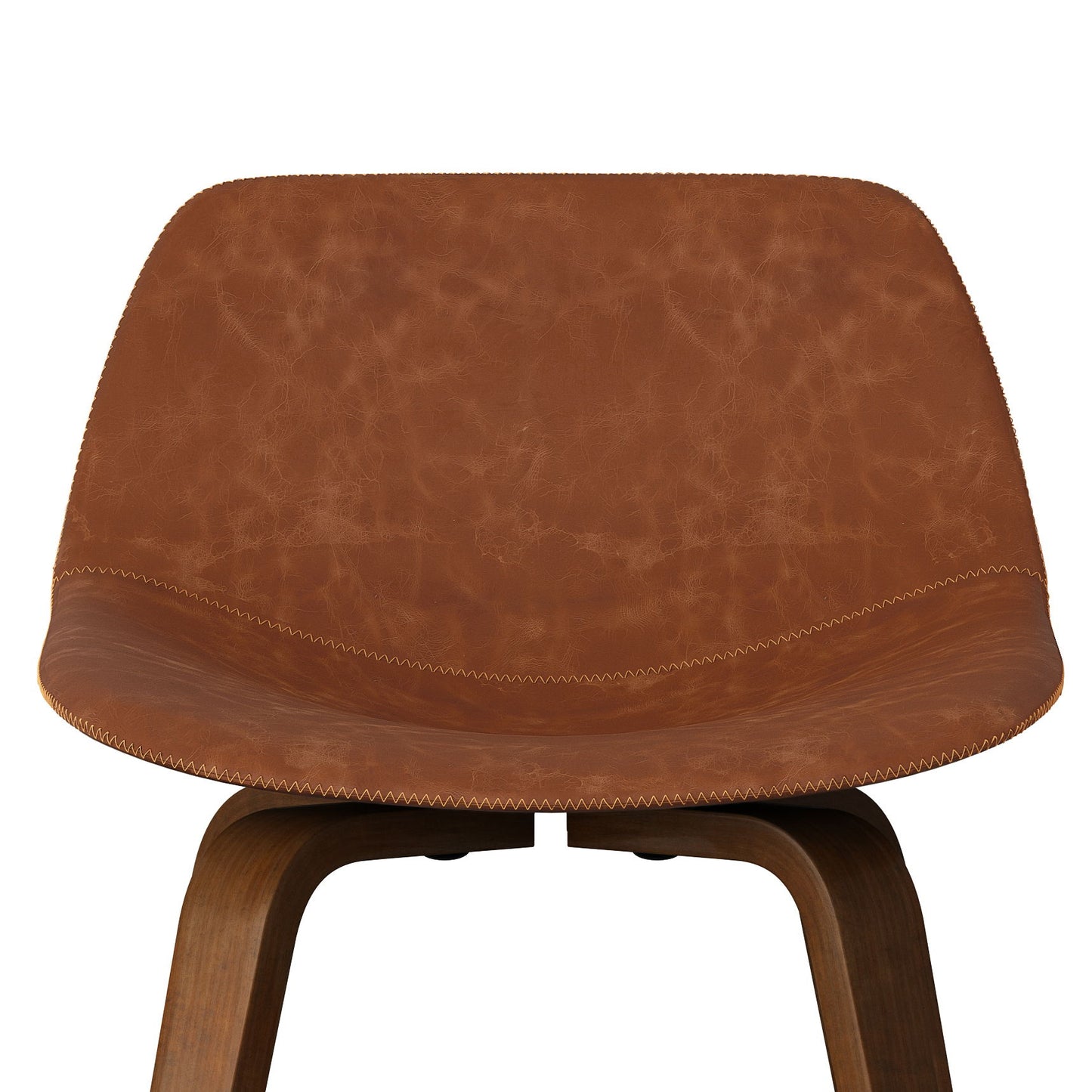 A close-up of the Randolph Bentwood Counter/Bar Height Stool (Set of 2), showcasing its brown leather seat and backrest with detailed stitching and wooden legs, set against a white background.