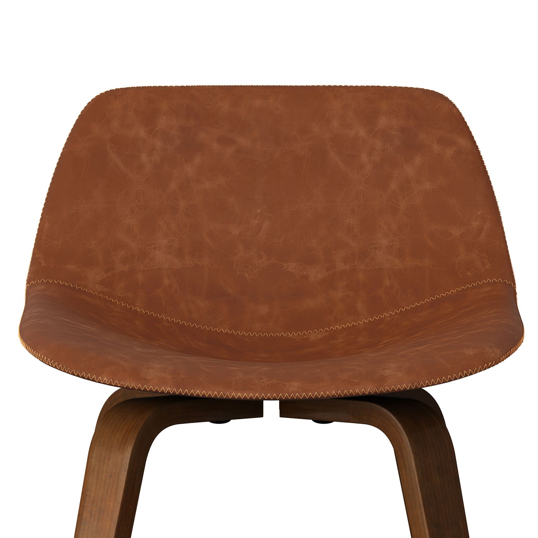 A close-up of the Randolph Bentwood Counter/Bar Height Stool (Set of 2), showcasing its brown leather seat and backrest with detailed stitching and wooden legs, set against a white background.