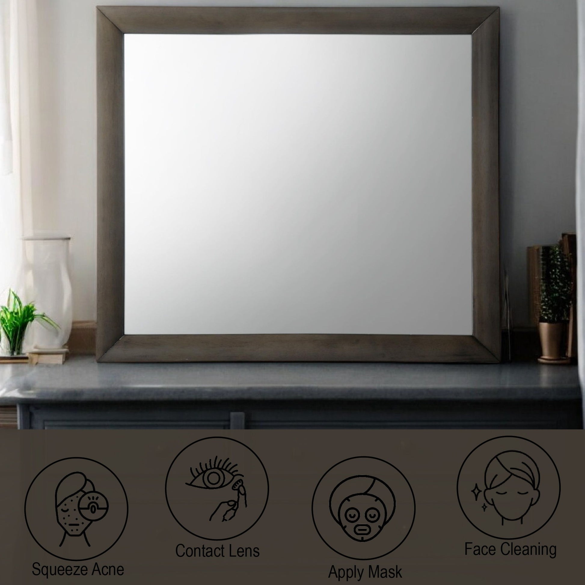 A large Ireland - Contemporary Design Mirror with a dark frame sits on a countertop. Below are four icons illustrating skincare steps: acne squeezing, contacts insertion, face mask application, and cleaning. The minimalist design includes light-colored walls.