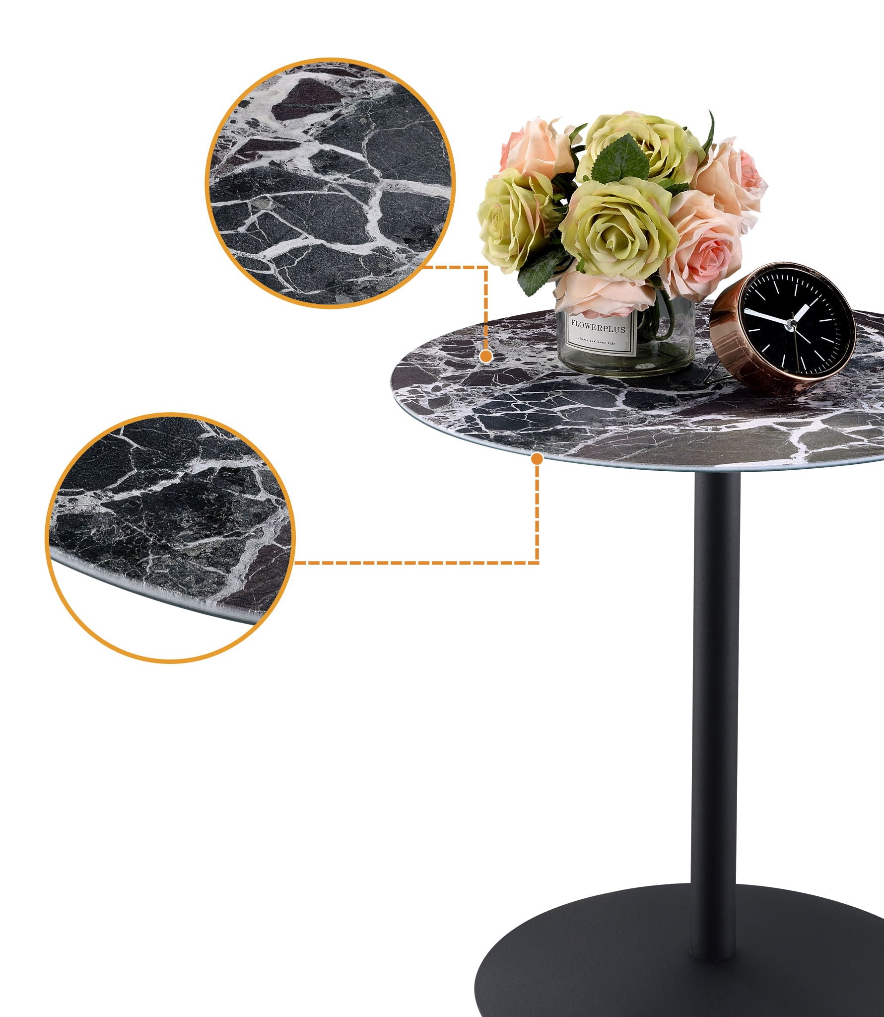 The Circa 17.5" End Table features a black marble-textured top, styled with a vase of pink roses and a black clock. Two zoomed-in insets display the detailed marble texture of the tabletop.