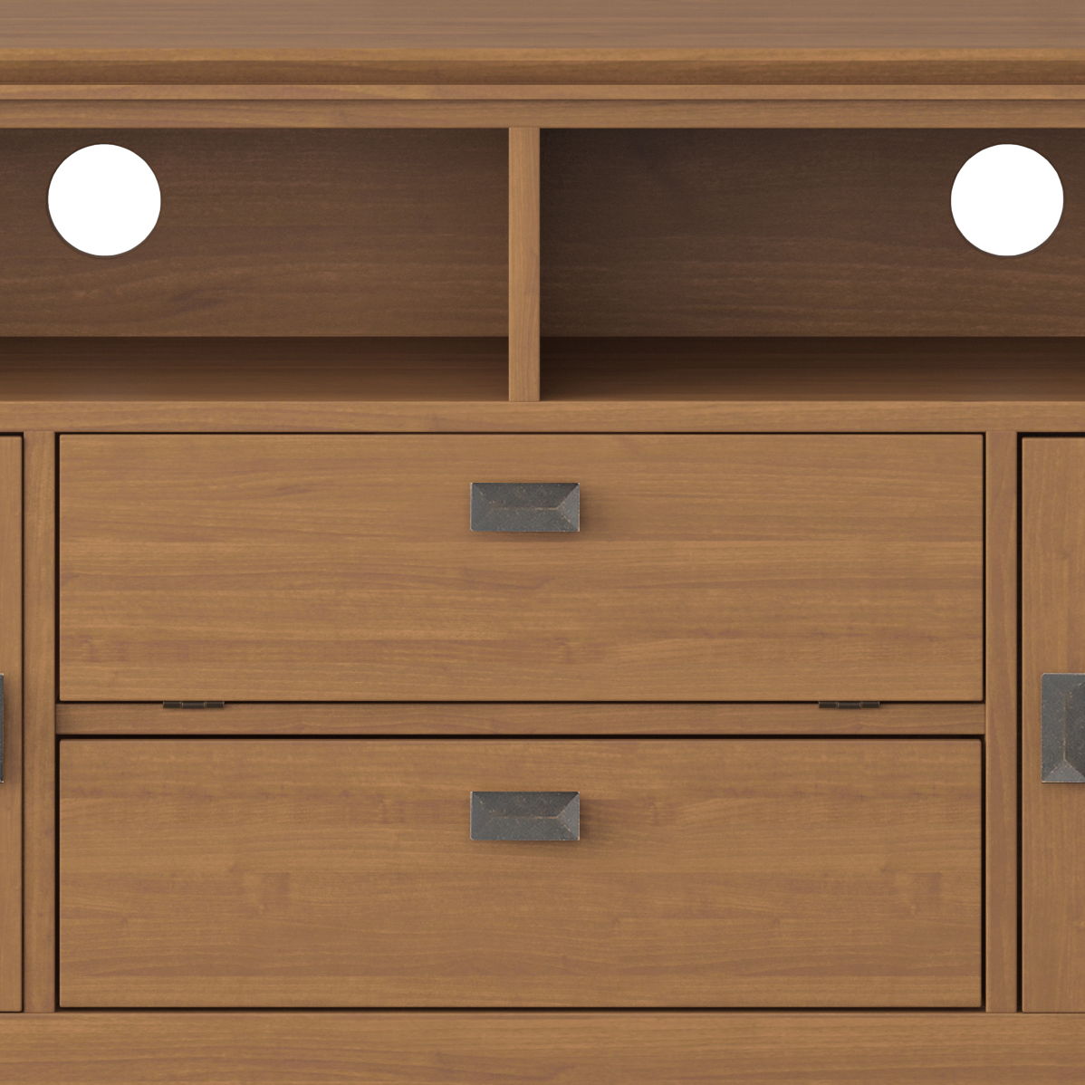Close-up of the Artisan - TV Media Stand, showing two open shelves at the top with circular cut-outs at the back, and two drawers below with rectangular metal handles.