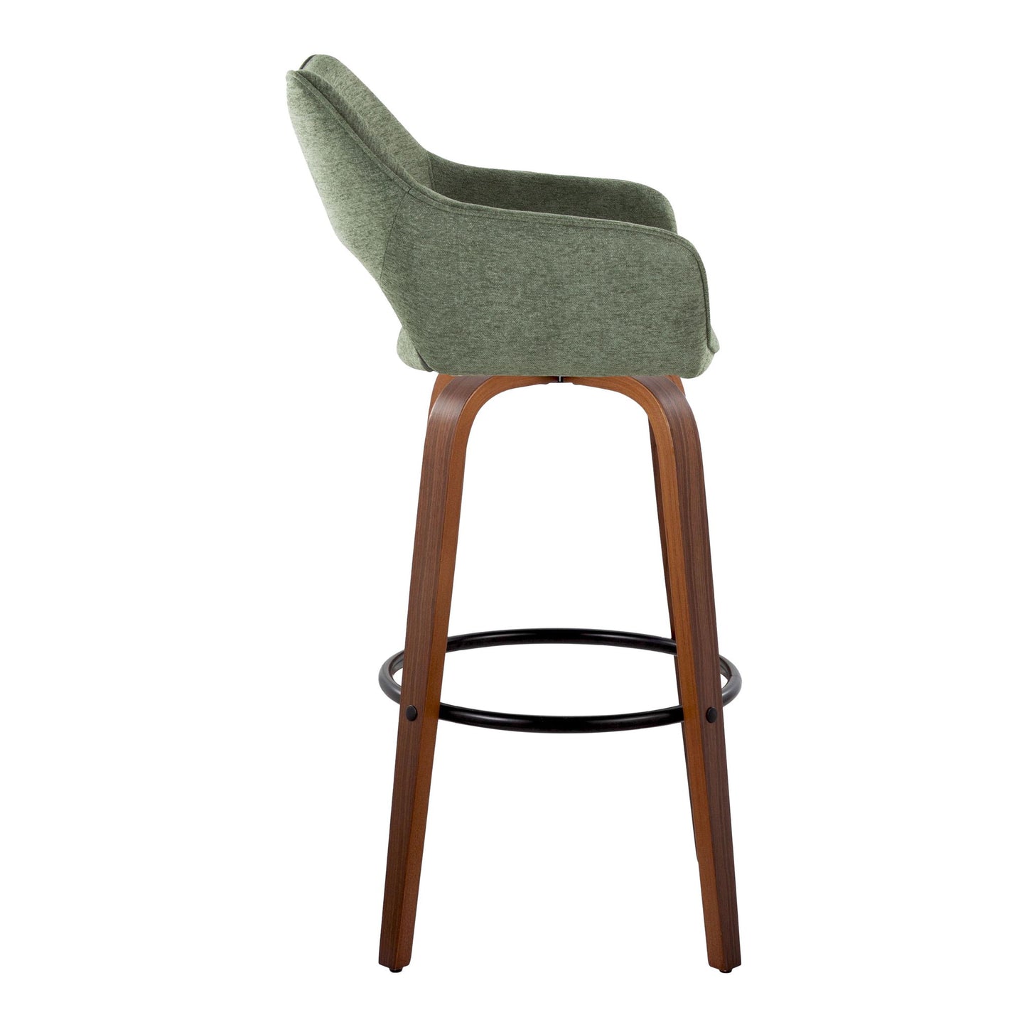 Side view of the Mustang Contemporary Fixed Height Barstool (Set of 2) featuring a green upholstered seat, curved wooden legs, swivel function, and a round black metal footrest, displayed against a white background.
