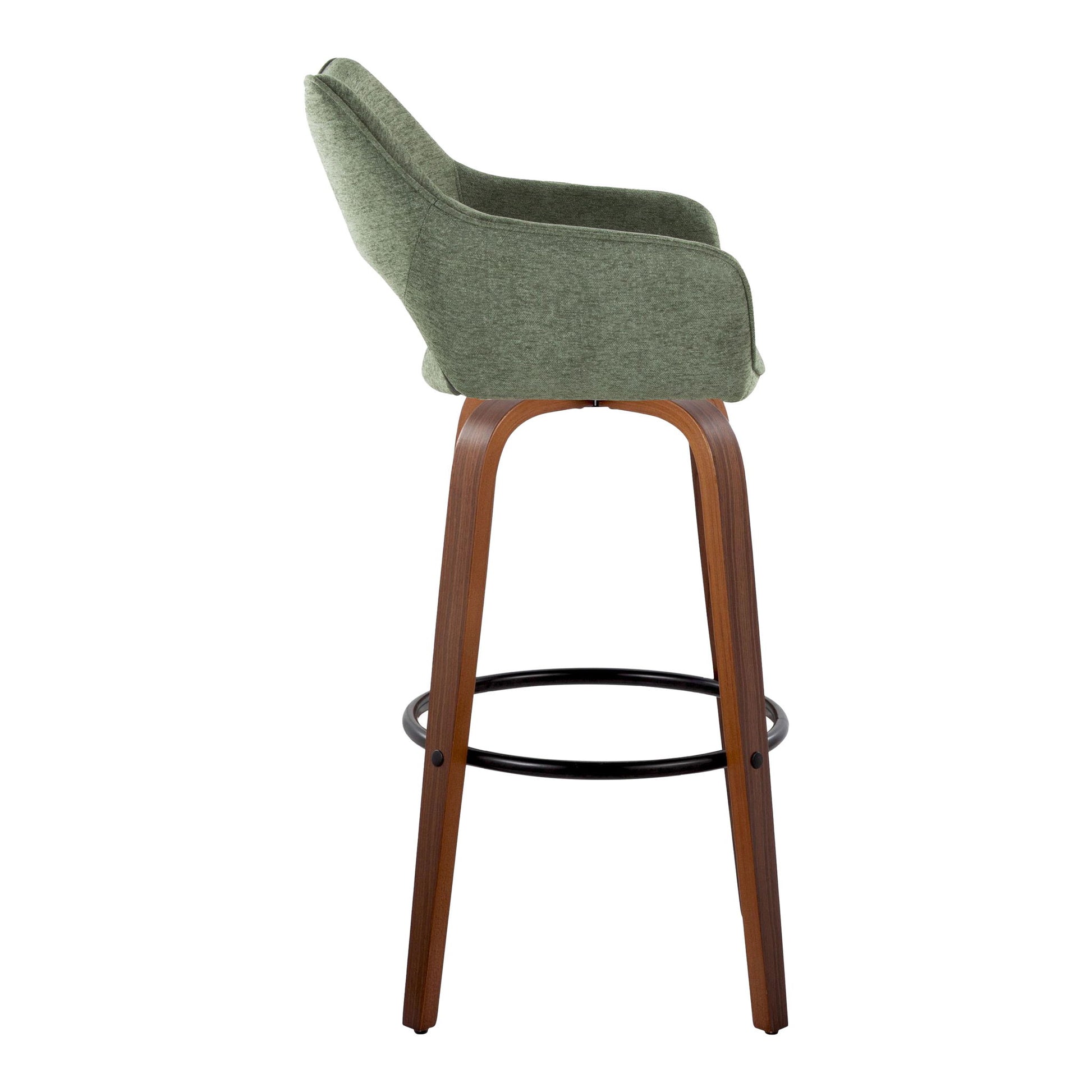 Side view of the Mustang Contemporary Fixed Height Barstool (Set of 2) featuring a green upholstered seat, curved wooden legs, swivel function, and a round black metal footrest, displayed against a white background.
