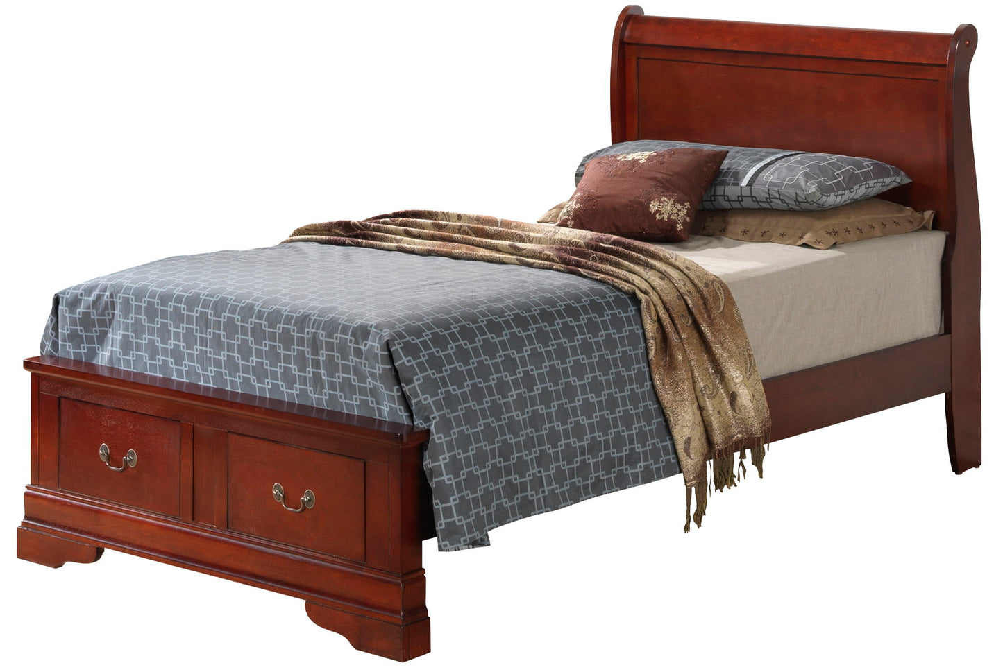 The Louis Phillipe - Storage Bed features a wooden sleigh-style headboard, two bottom drawers, a gray patterned bedspread, beige sheet, stacked pillows, and a brown decorative throw blanket.