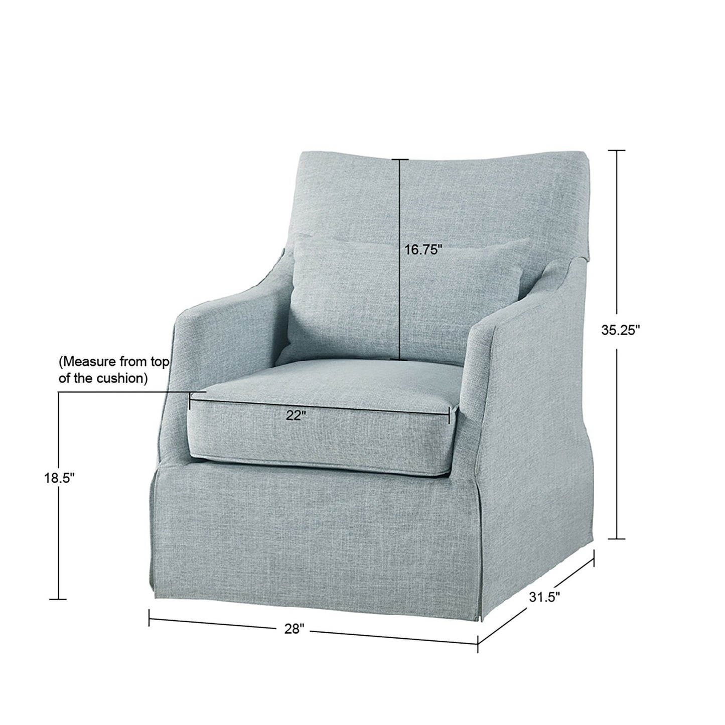 The Traditional Design London Skirted Swivel Chair features light blue upholstery, a lumbar pillow, and measures 35.25" H x 28" W x 31.5" D with a 22" wide seat, 18.5" seat height, and 16.75" seat back height.