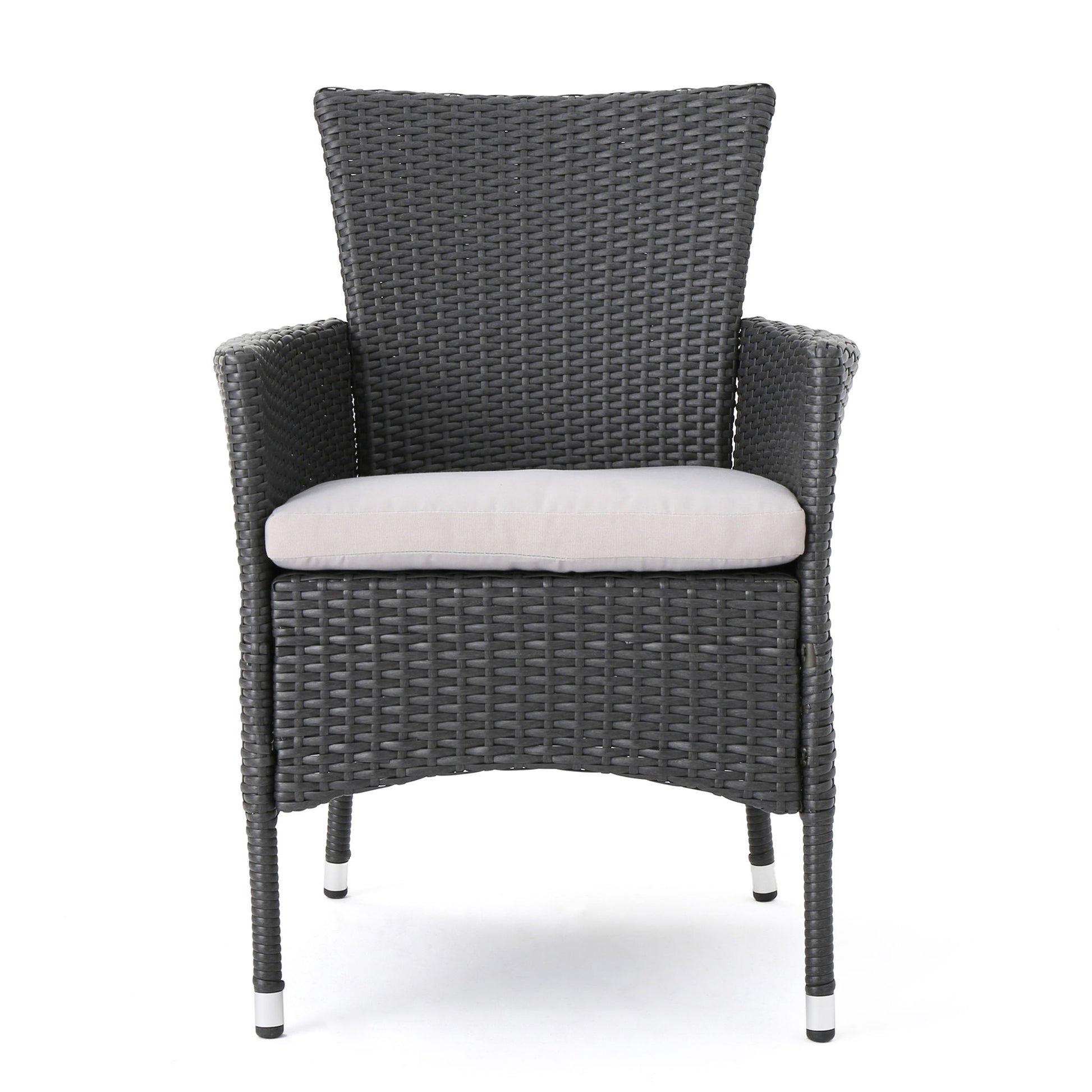 Set of 2 Dimensional Outdoor Dining Chairs with black woven rattan, armrests, light gray seat cushions, and iron frames, shown from the front on a white background.