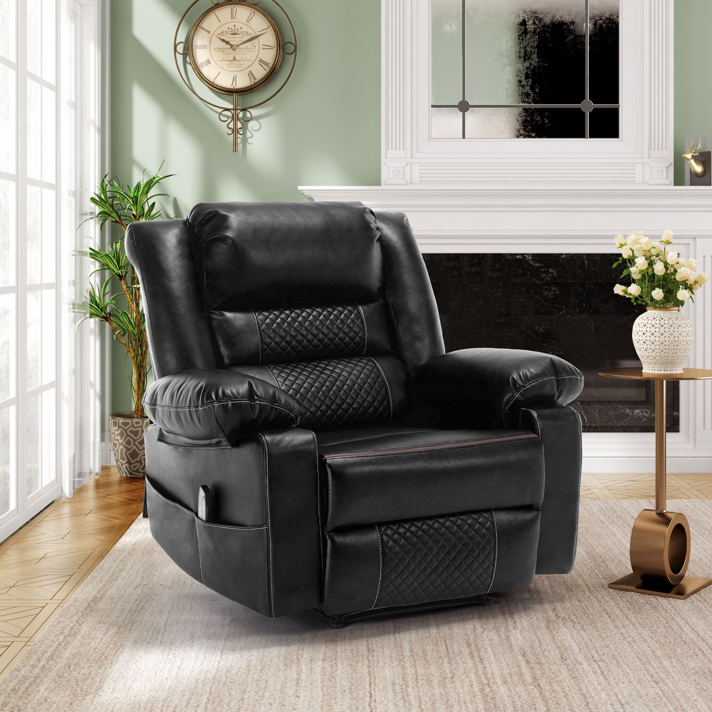 The Breathable Leather Massage Recliner Manual Chair with quilted accents sits on a beige rug in a living room featuring light green walls, a round wall clock, a window, fireplace, and decorative plants and flowers.