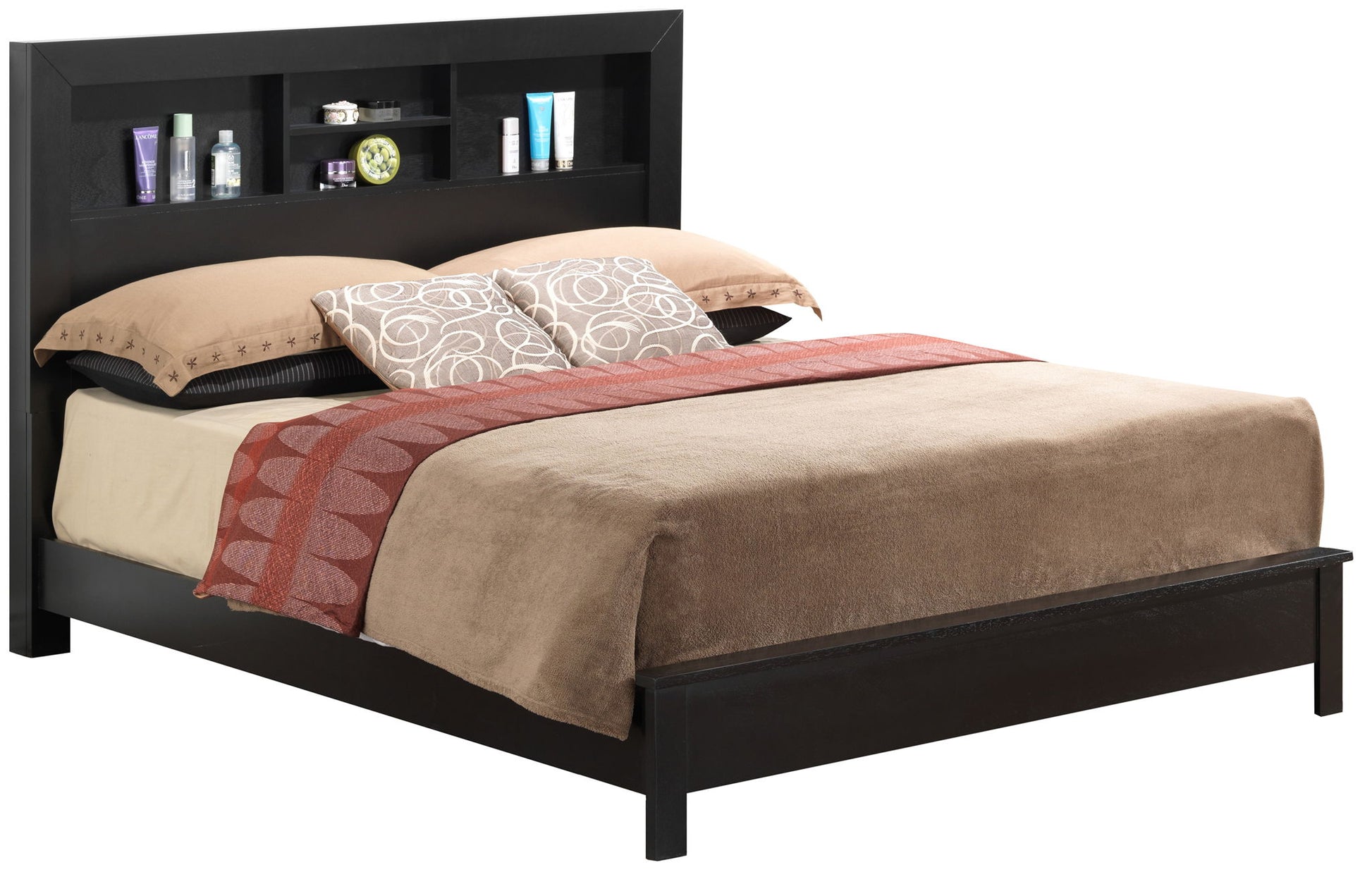 A Bed With Transitional Design Stylish is neatly made with beige bedding, patterned pillows, a red throw, and a dark wooden headboard featuring built-in shelves for books, an alarm clock, and toiletries.